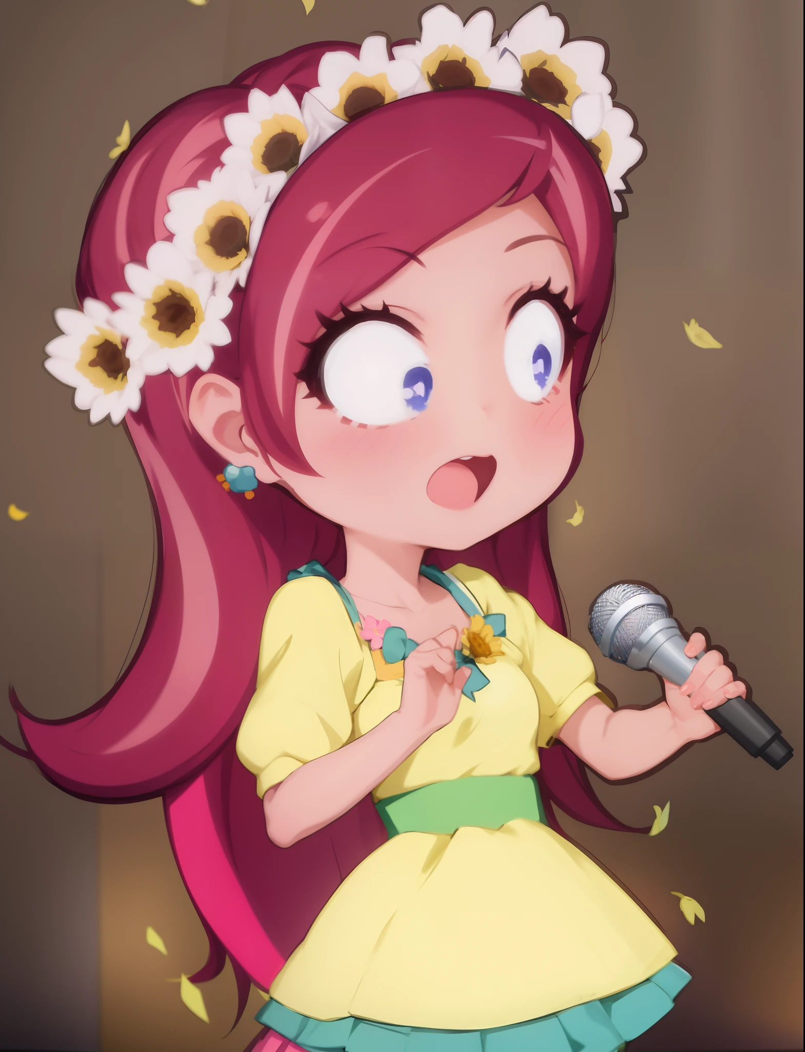 cartoon girl with microphone and flowers in her hair, chibi, marin kitagawa fanart, cheeryblossom, performing on stage, kda, fanart, inspired by Hirosada II, official fanart, official artwork, rin, beautiful sunflower anime girl, [[[[grinning evily]]]], cutecore clowncore, singing for you
