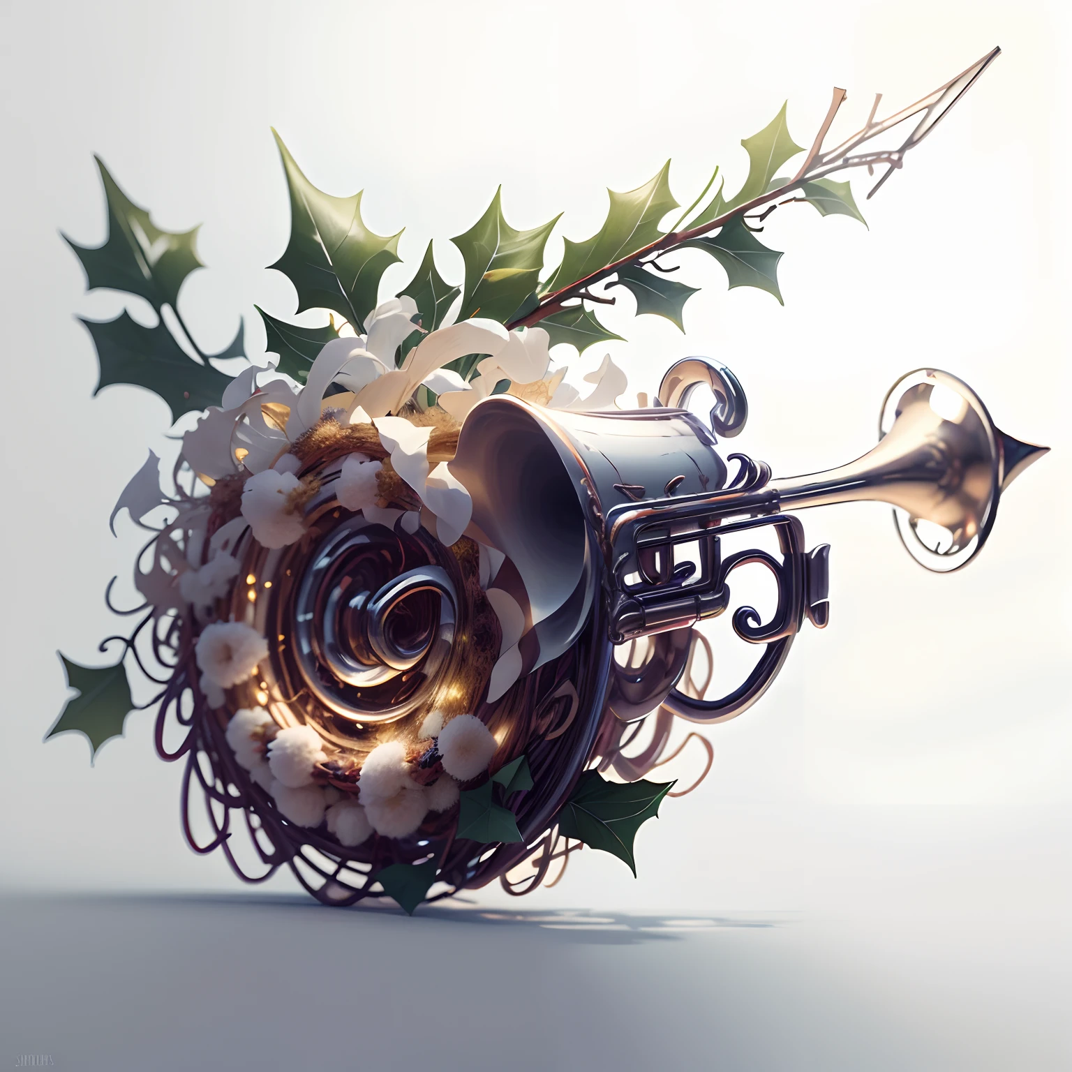 A trumpet with a wreath of Christmas bells hanging from it, cartoon style, white background, printable