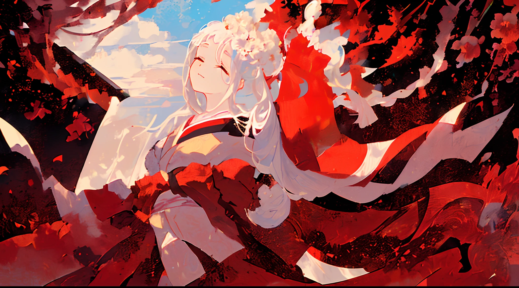 ((solo)), close-up side profile of a girl with eyes closed, ((head tilted up)), white hair that is tied up, (faint smile), flowing hair, burning flower on hair, falling petals, kimono, flowing cloth