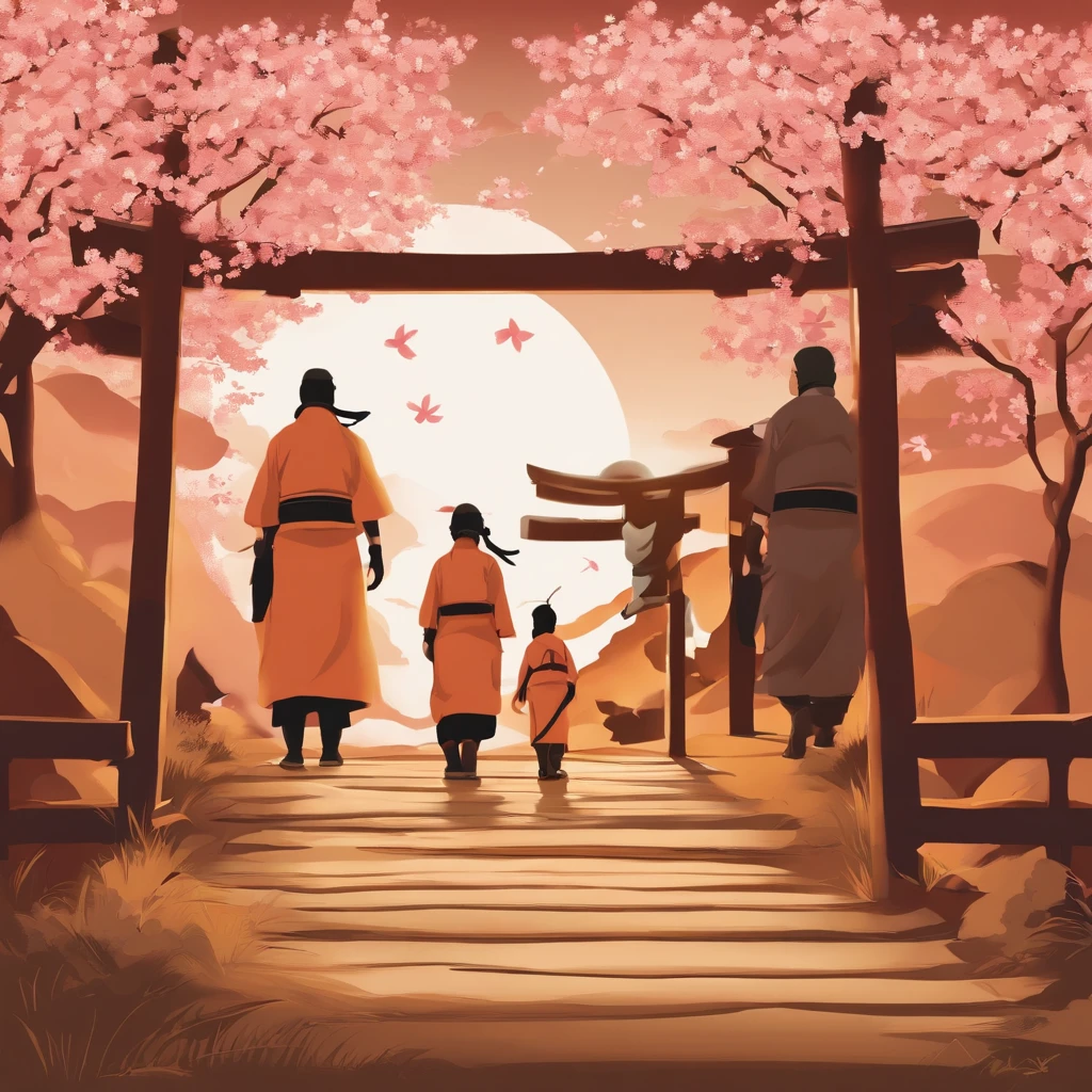 Craft a family image template inspired by 'Naruto.' Depict the family members as shinobi from the Hidden Leaf Village, Create a scene set against the village's serene landscapes, with cherry blossoms in the background. Arrange the family in poses that reflect their ninja skills and camaraderie. This template should embody the themes of friendship, perseverance, and ninja spirit that 'Naruto' represents. in streetwear style