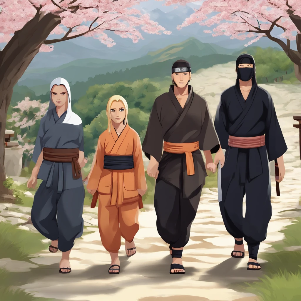 Craft a family image template inspired by 'Naruto.' Depict the family members as shinobi from the Hidden Leaf Village, Create a scene set against the village's serene landscapes, with cherry blossoms in the background. Arrange the family in poses that reflect their ninja skills and camaraderie. This template should embody the themes of friendship, perseverance, and ninja spirit that 'Naruto' represents. in streetwear style
