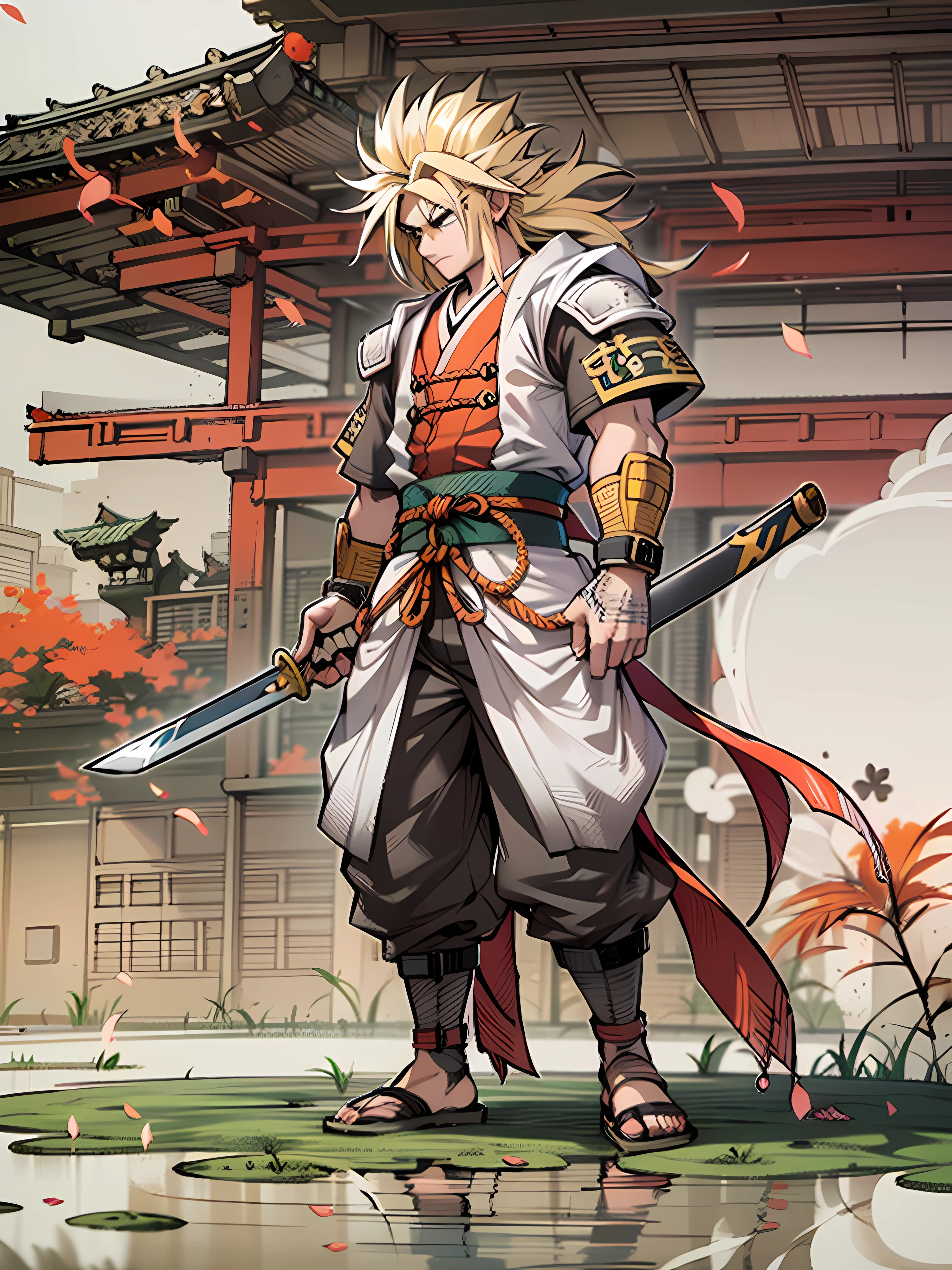 Masterpiece: 1.1, detailed eyes and face, feudal Japan uniform, sword stuck vertically on ground, very detailed cg unity 8k wallpaper, splash ink, flat background, feudal Japan town with giant Red circle background, Broly super saiyan, muscular build, bulky form, ripped physique, serious expression, (full body:1.05), pure, colorful water color, Japanese art style, pure white eyes, blonde hair, samurai armour, smokey base