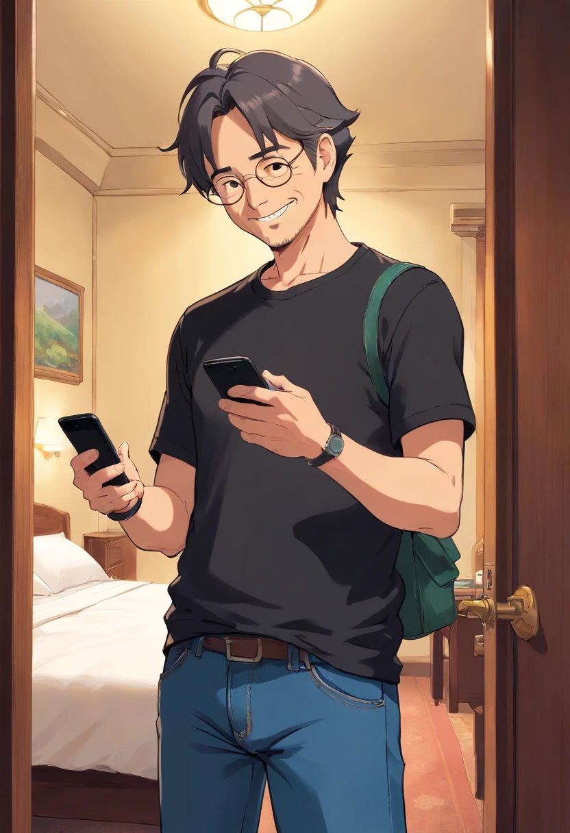 Middle aged man in black t-shirt and jeans , Hotel Rooms , Holding a mobile phone in one hand , Looking at the phone , a smile, Shoulder Level Shots