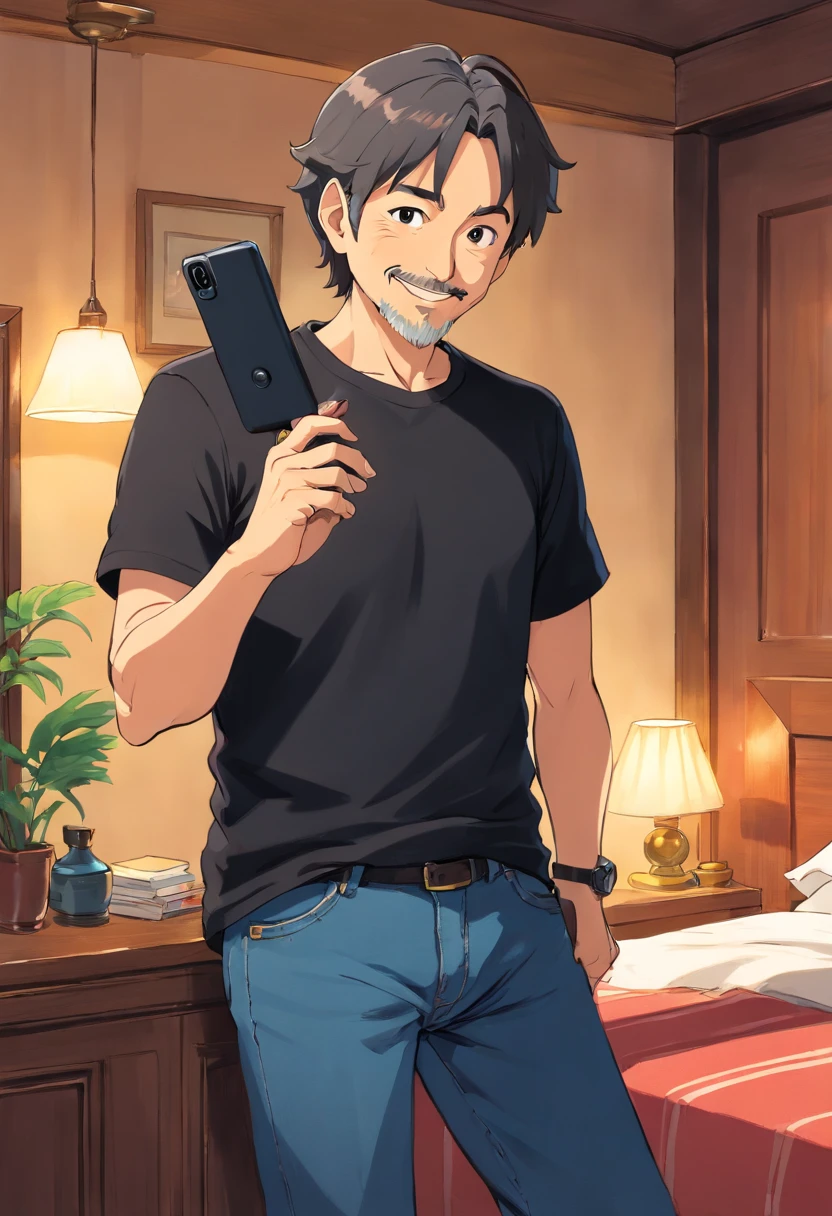 Middle aged man in black t-shirt and jeans , Hotel Rooms , Holding a mobile phone in one hand , Looking at the phone , a smile, Shoulder Level Shots