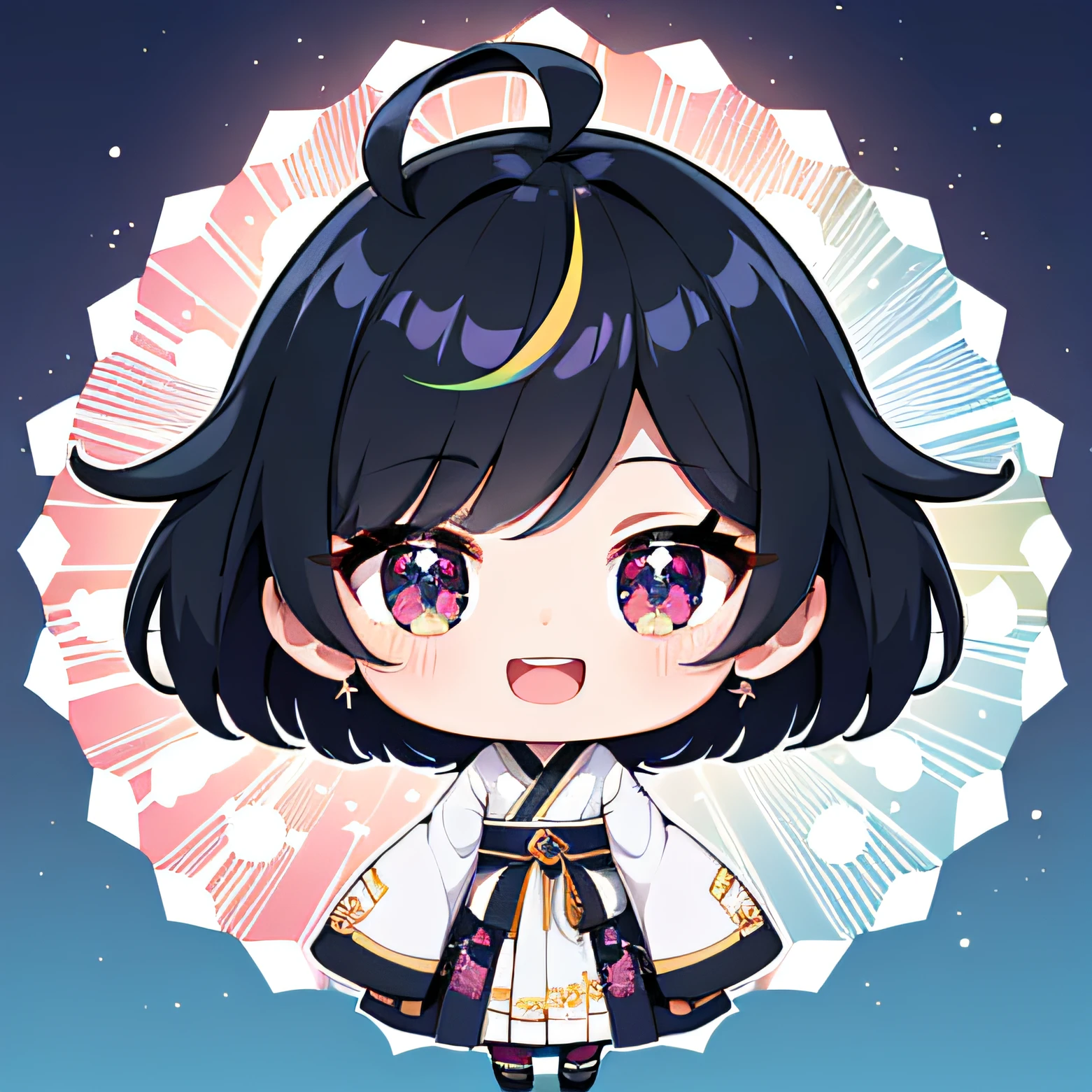 超A high resolution, Best aesthetic, Top quality depiction of the foot, hanbok,  Black and blue hair on the back, Flat Avatar,  Anime visuals of cute girls, Cute art style, Chibi,  Shorthair, Ahoge, is shy, great joy, Open mouth,hair adornments,absurderes, superfine illustration,rainboweffect, hight resolution, ultra-detailliert,Light diffusion,highly detailed light reflection, Kaleidoscope, Harmonious, Best Shadow, highly detailed very beautiful big smile face, beautiful growing crystal diamond star pupil,look at viewr, beautiful detailed hair, Solo, Dynamic Pose, beautiful detailed pink and black ribon,  Fantastic and sparkling throughout、Shooting stars and windy background detail background,hanbok