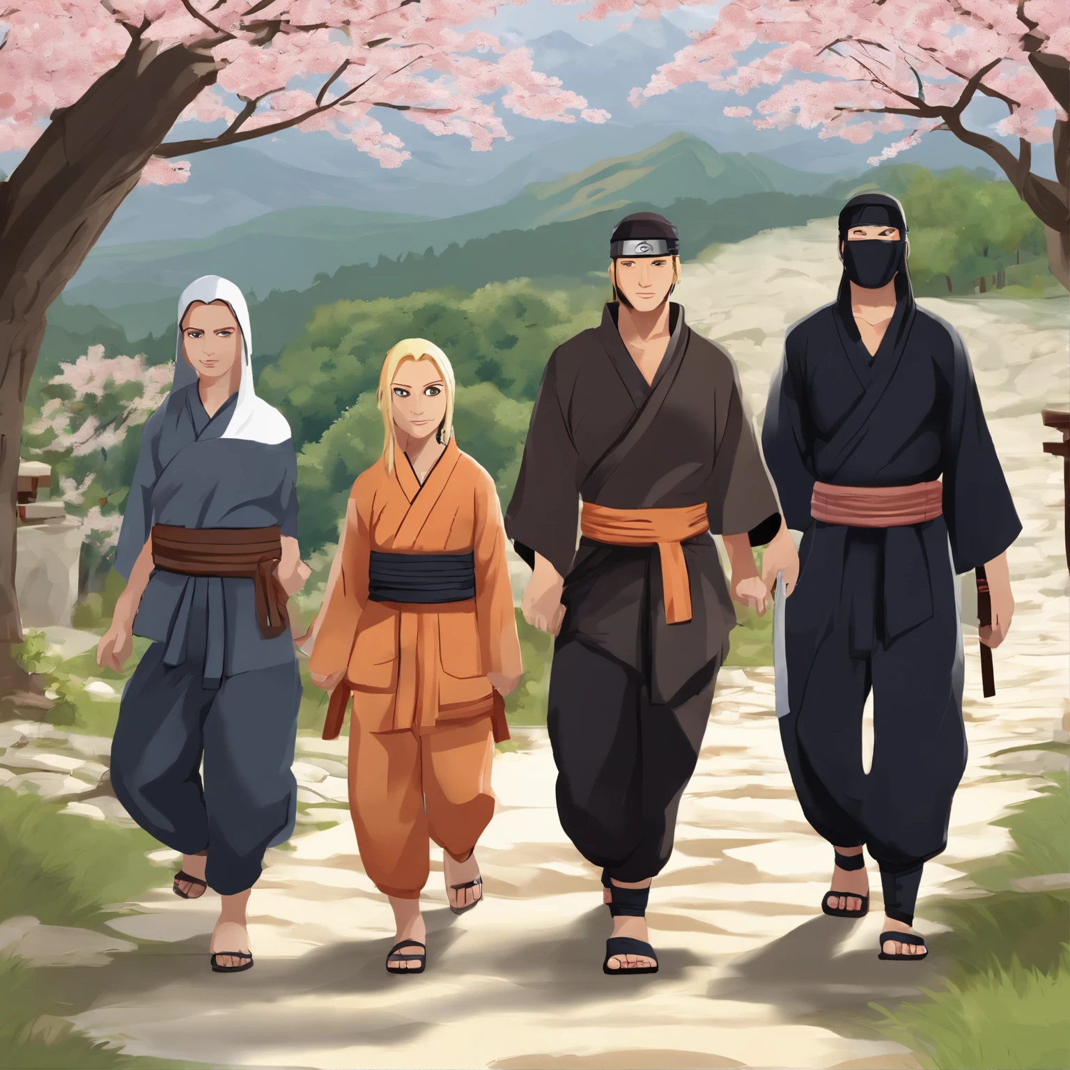 Craft a family image template inspired by 'Naruto.' Depict the family members as shinobi from the Hidden Leaf Village, Create a scene set against the village's serene landscapes, with cherry blossoms in the background. Arrange the family in poses that reflect their ninja skills and camaraderie. This template should embody the themes of friendship, perseverance, and ninja spirit that 'Naruto' represents. in streetwear style