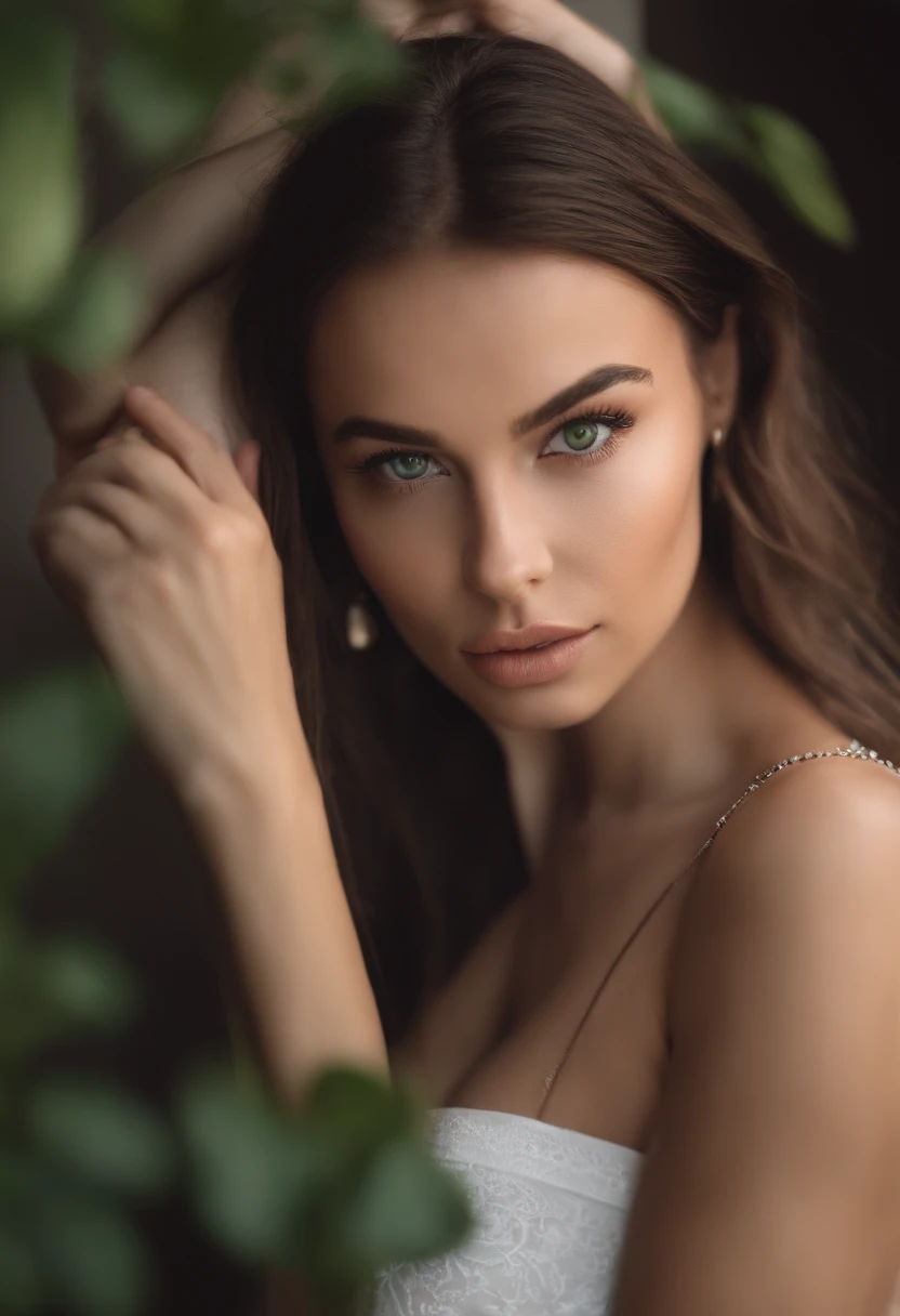 arafed woman with a white bra and a necklace, sexy girl with green eyes, portrait sophie mudd, brown hair and large eyes, selfie of a young woman, bedroom eyes, violet myers, without makeup, natural makeup, looking directly at the camera, face with artgram, subtle makeup, stunning full body shot, piercing green eyes,completely naked show her, biting lip, one eye winking