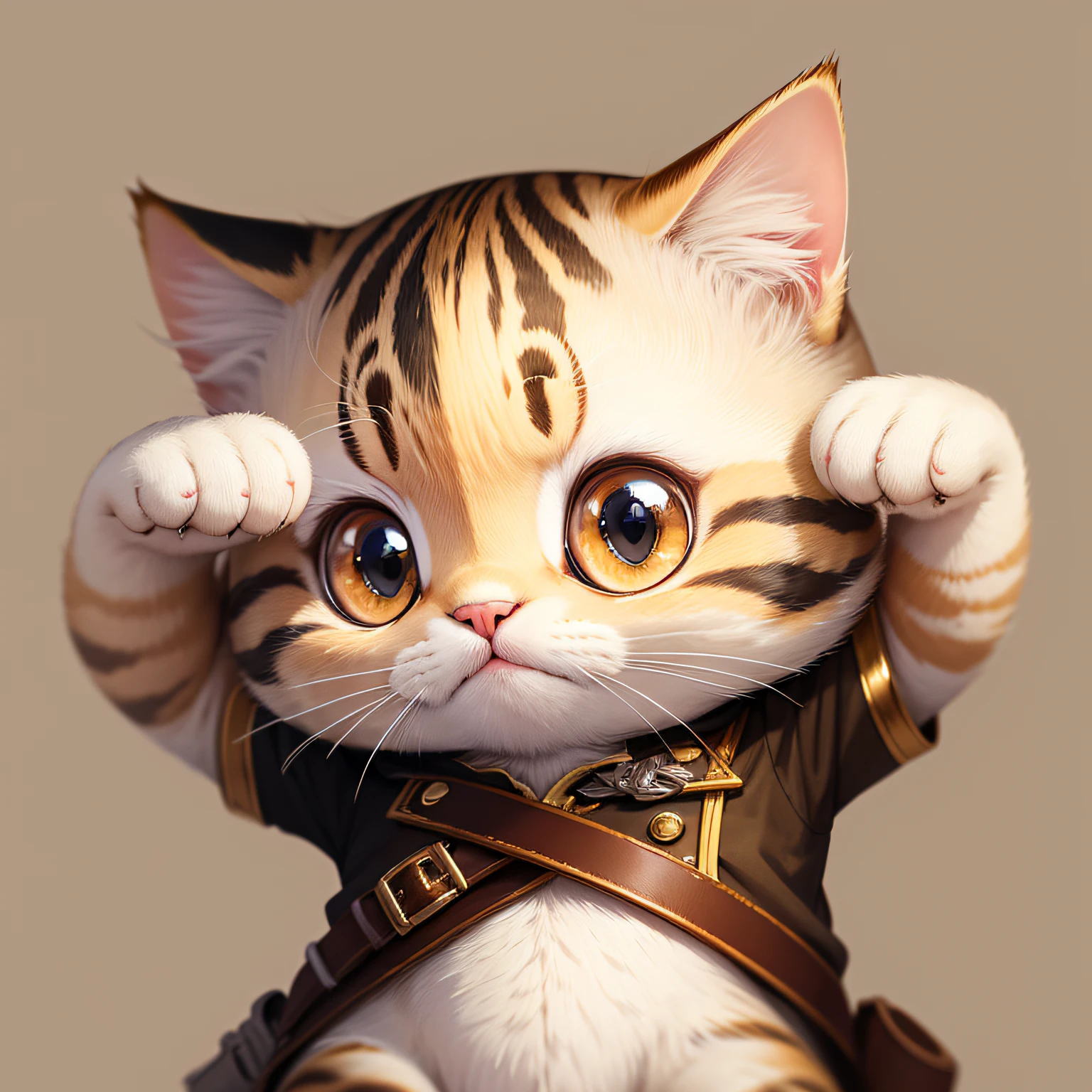 a cat, cream color, Saluting like a soldier, looking at viewer, smile, masterpiece,high quality, chibi art style