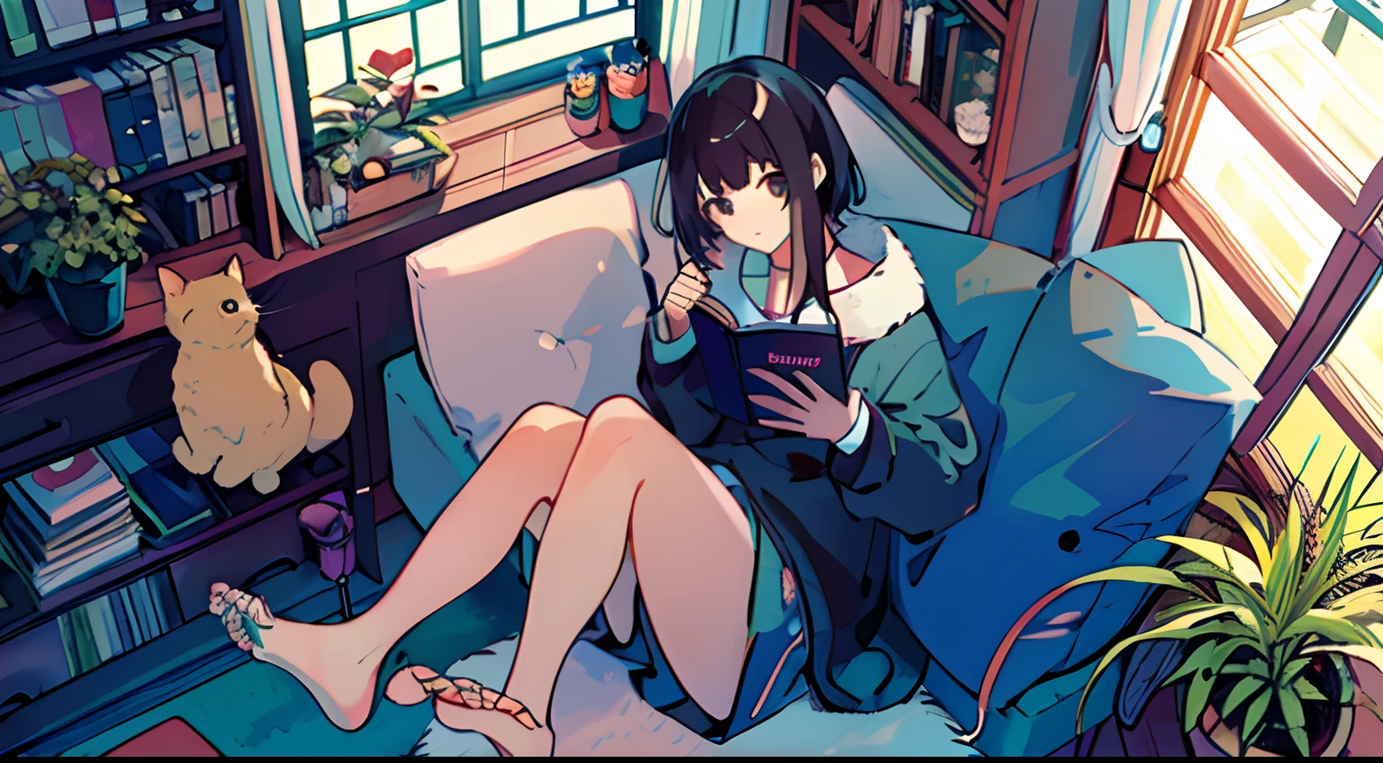 a girls, from above, plant, black hair, cat, lying, indoors, holding, long sleeves, long hair, stuffed toy, potted plant, book, food, window, phone, loaded interior, television, short hair, on back, stuffed animal, bangs, slippers, barefoot, sitting, bookshelf, shelf, cable, computer