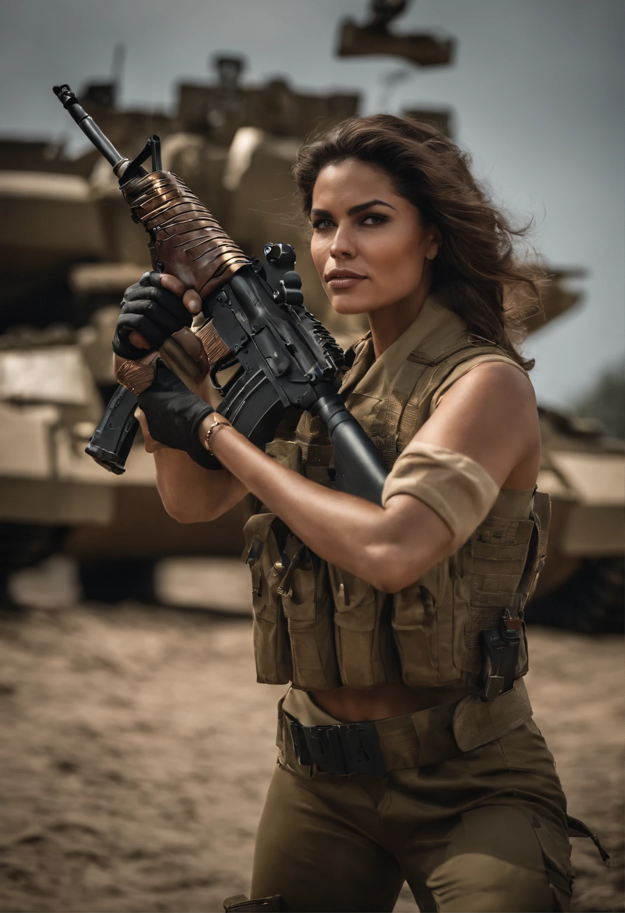 Gere uma imagem da personagem Mara, also known as 'Mara Death Dealer', do jogo Call of Duty: Guerra moderna: corpo inteiro, fisionomia cruel, ((Novo)) brincos grande, colar pulseira, rings, gold watch, na praia, sol poente, palmeiras, corpo escultural, flowing hair, ((metralhadoras, armas, Fuzil AK-47, Granadas, gold accessories)) standing on a ((tanque de guerra Russo T-14 Armata))
sem roupa