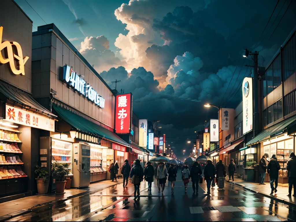 Japan's compact, bustling downtown streets. vending machines, trash cans, Plant pots, offtake, ventania, fish tank, pipelines, electrical wires, The logo of a large Japanese store, Buildings, lots of people.Skysky，cumulonimbus clouds，very heavy rain，lamplight