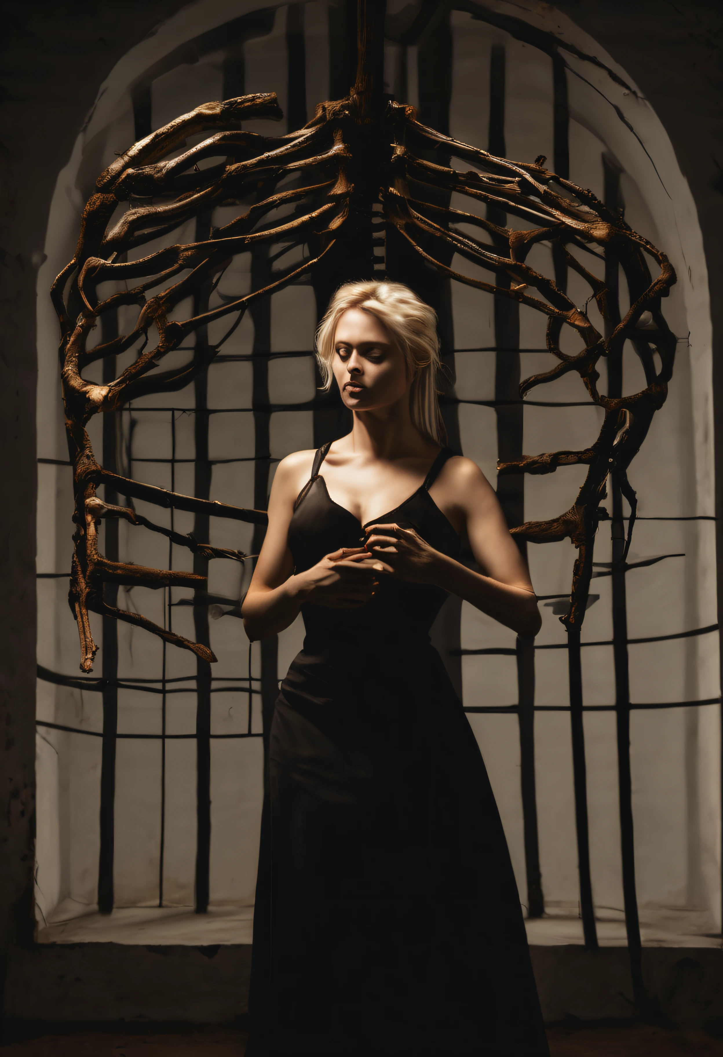 "(The best lighting, alto contraste, oscuro, dramatic),(Chica rubia junto a una cabra negra gigante, Open the rib cage, feto, autopsia, huesos humanos, sangre por las paredes). Luz Caravaggio"