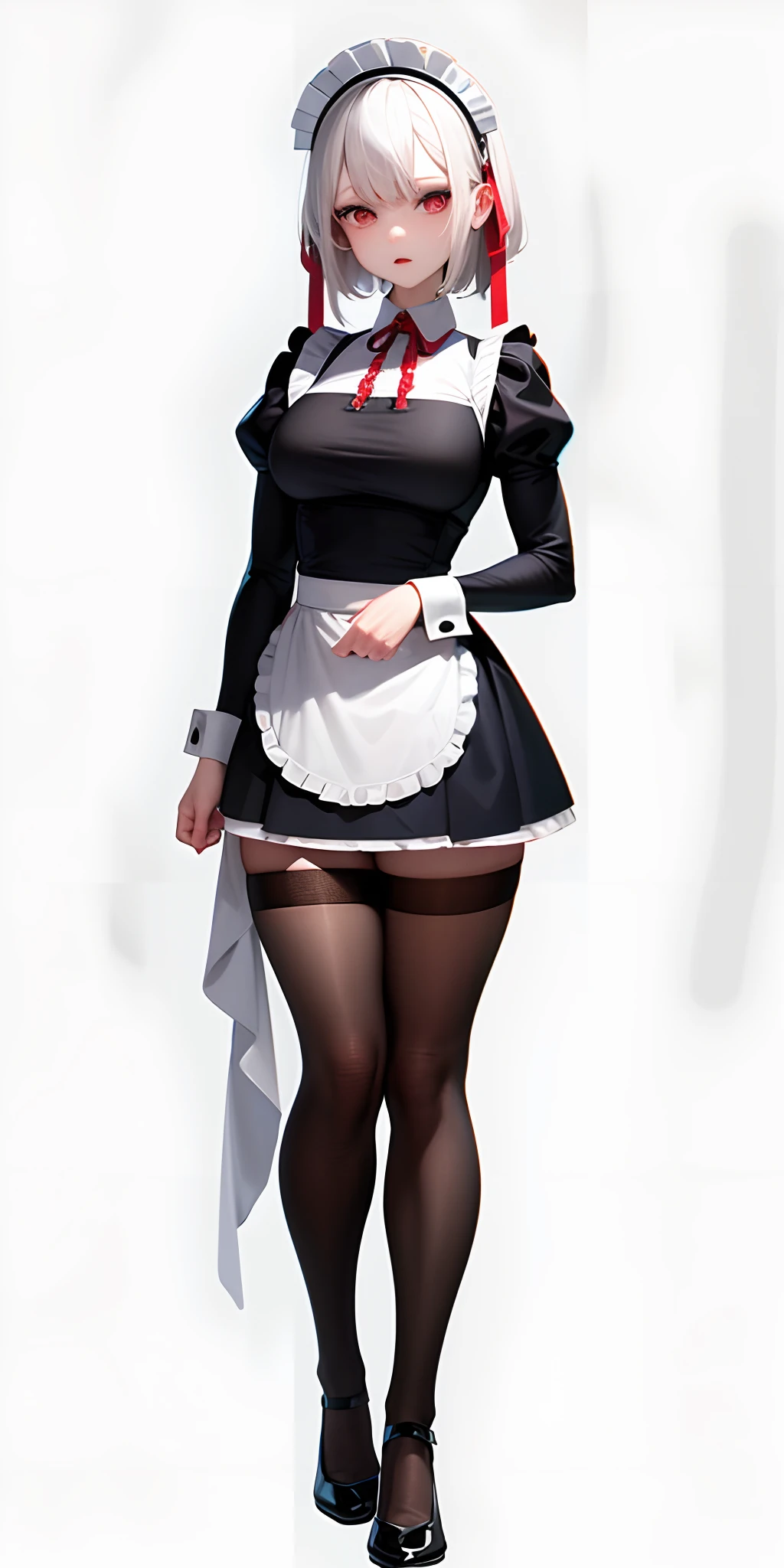 masterpiece, best quality, highres,anime_art_style, breasts, looking_at_viewer,short_hair, bangs,paper-white hair, fair skin, red_eyes, solo_focus, maid, maid_headdress, neck_ribbon,full body,full body, standing,White background
