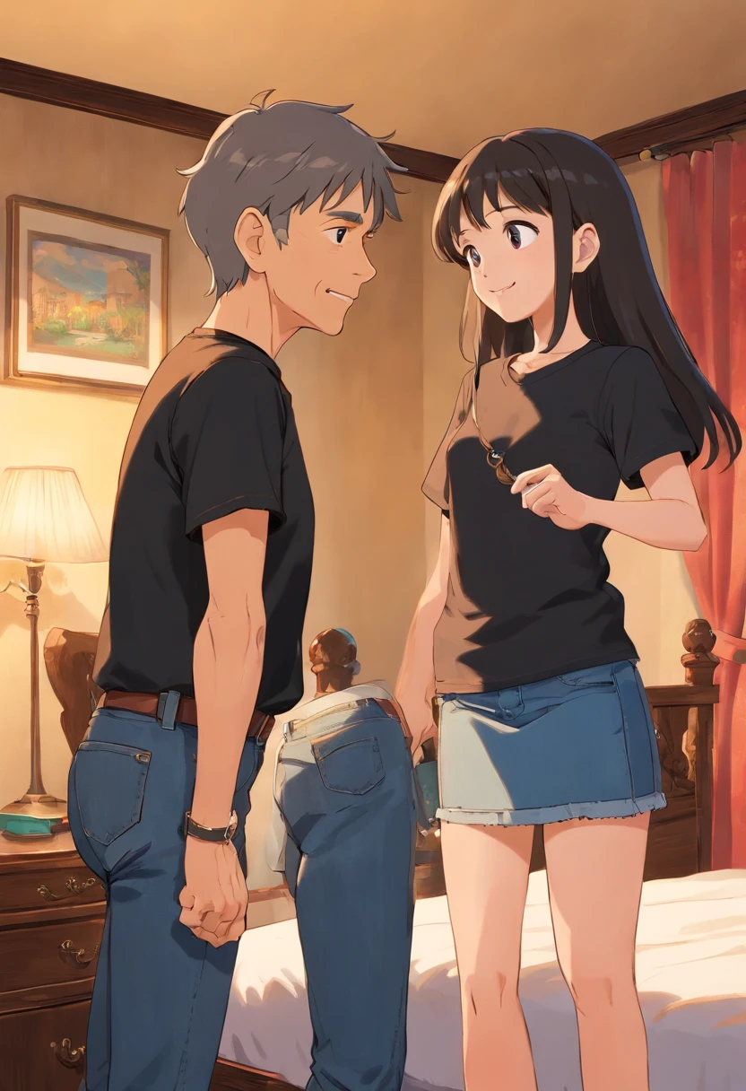 Middle aged man in black t-shirt and jeans , Young woman in blouse and miniskirt、Two are talking, Hotel Rooms , , A smile, Shoulder Level Shots