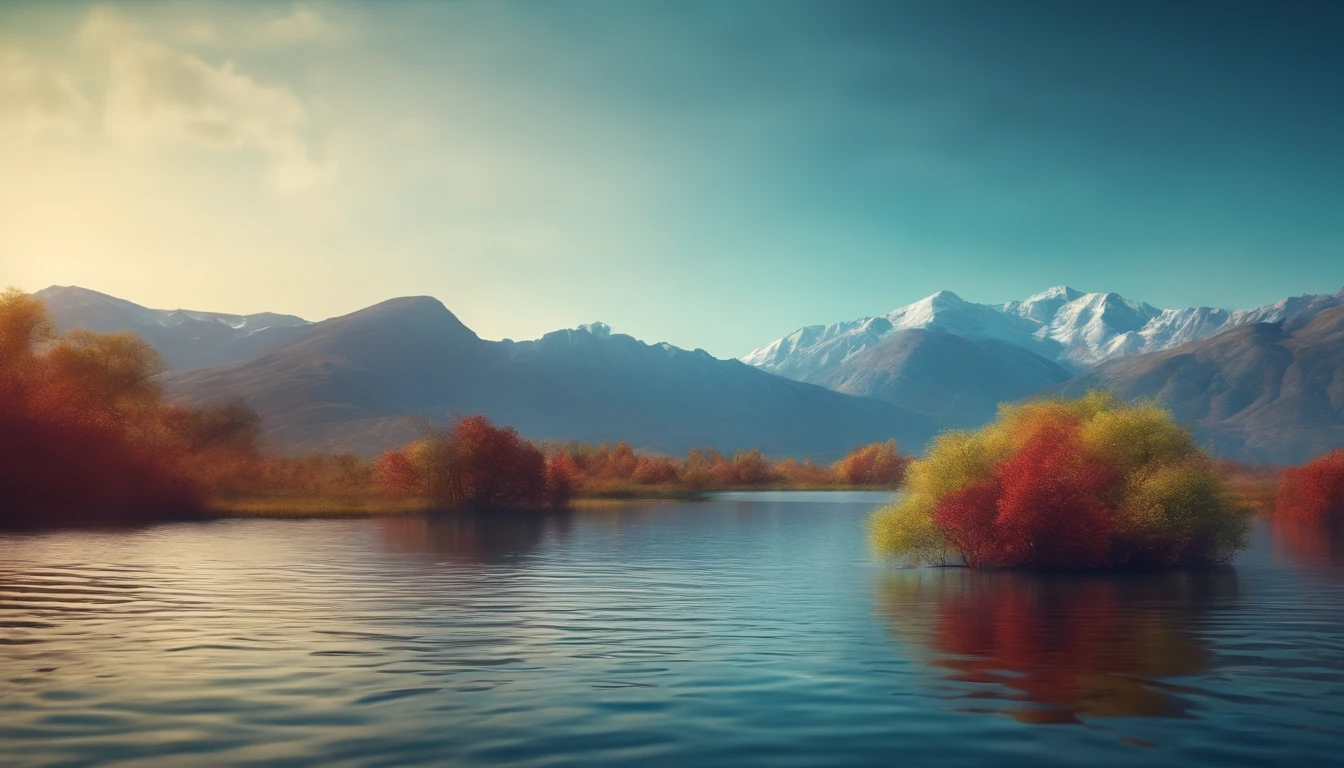 3d rendering of a rectangle on the surface of the water, colorful mountainous background, Mystical,