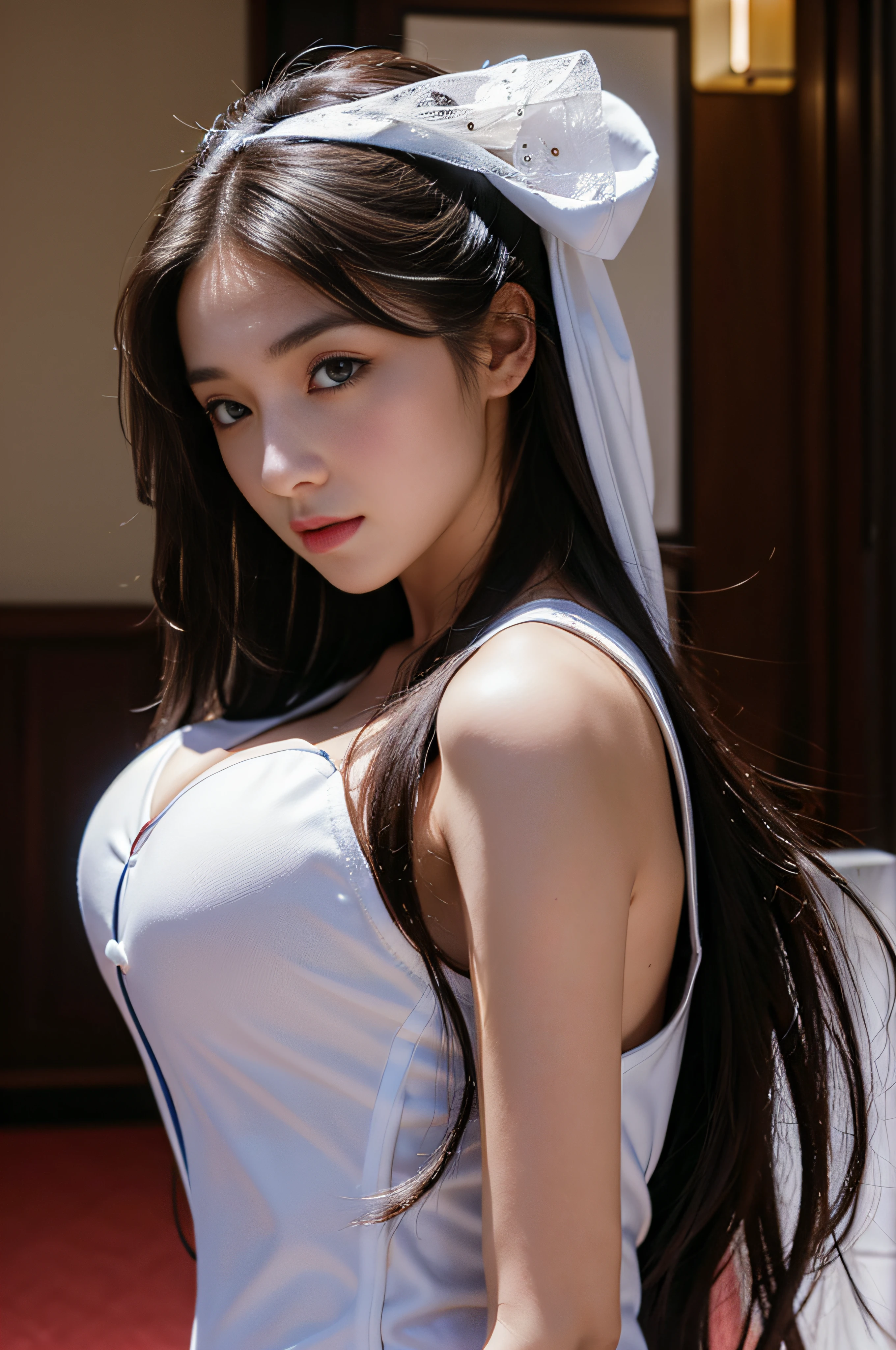 young beautiful lady, kosmos,very_long_hair, 1girl in, kosmos, Solo, white_armor,Best Quality, 超A high resolution,tokyo fashion,NSFW:1.4、