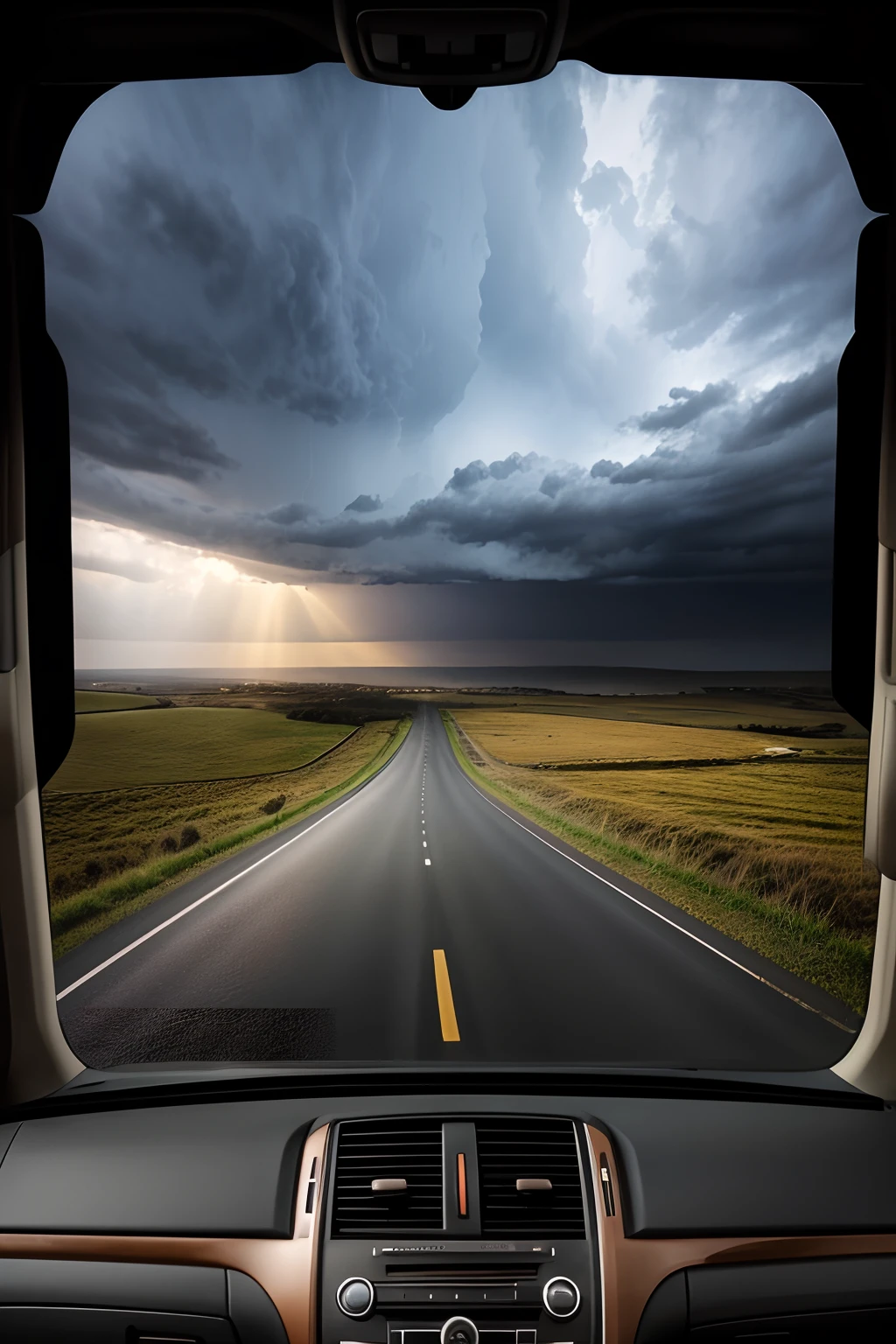 Window view from a car on a long country road, during a major storm, highly detailed, oil painting, deep aesthetic, beautiful scenic view, cinematic landscape, stunning photography, photorealistic, soft pastel colours, highly detailed, intricate, insanely detailed, shadow mapping volumetric light, specular lighting