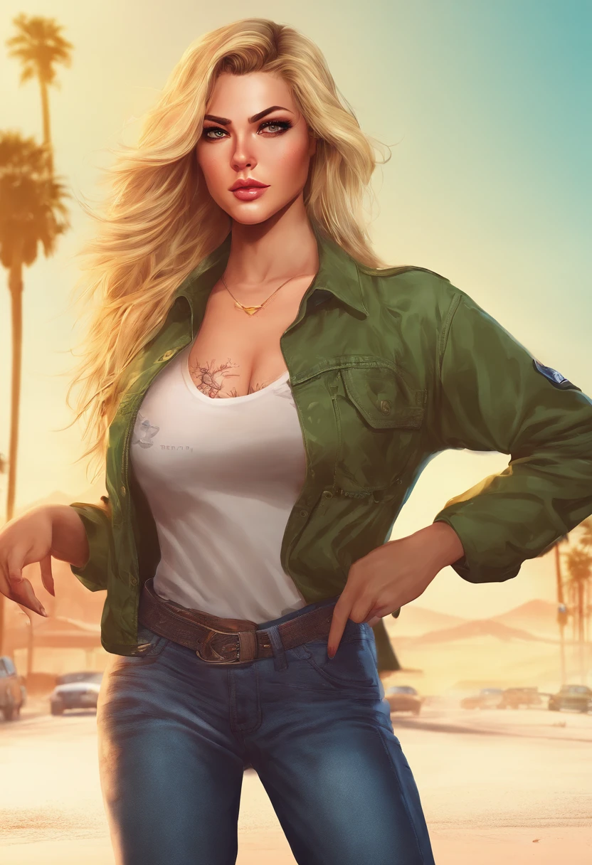 HD quality, maximum detail, macro portrait full body of the beautiful woman, field depth, perfect woman, 25 years, hair covered the breasts, makeup, long hair, perfect face, pretty mouth, pretty nose, sensual woman, totally gorgeous, face with sarcastic expression, caucasian, blond hair, evil look, v-shaped shirt, realistic, details, style: Detailed photo, white background.