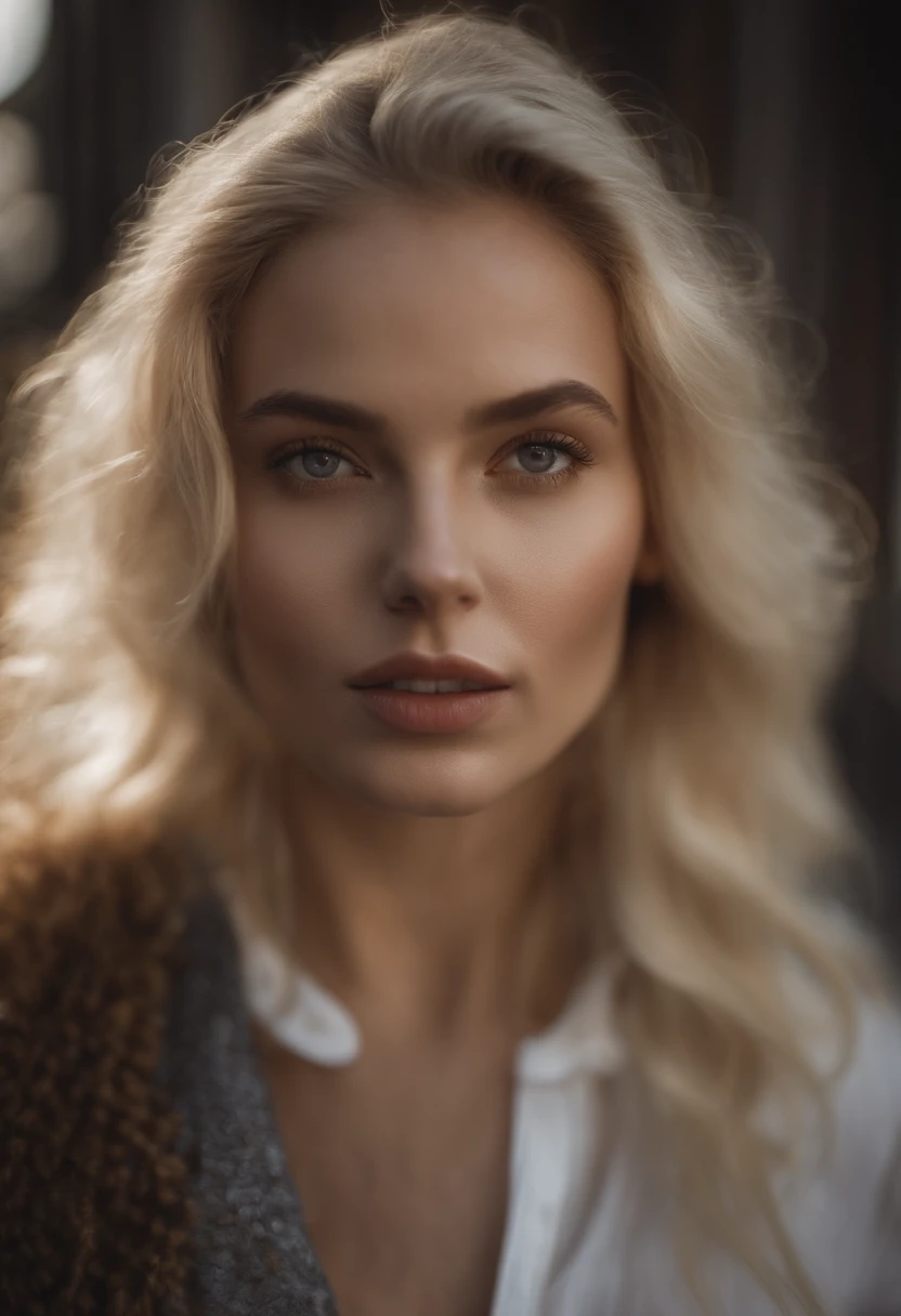 "Jeune femme blonde aux cheveux blancs, Detailed model, face detailed, brouillard, 35 mm, f/2.8, 4K, Contexte urbain, volumeric lighting, Photographie artistique."