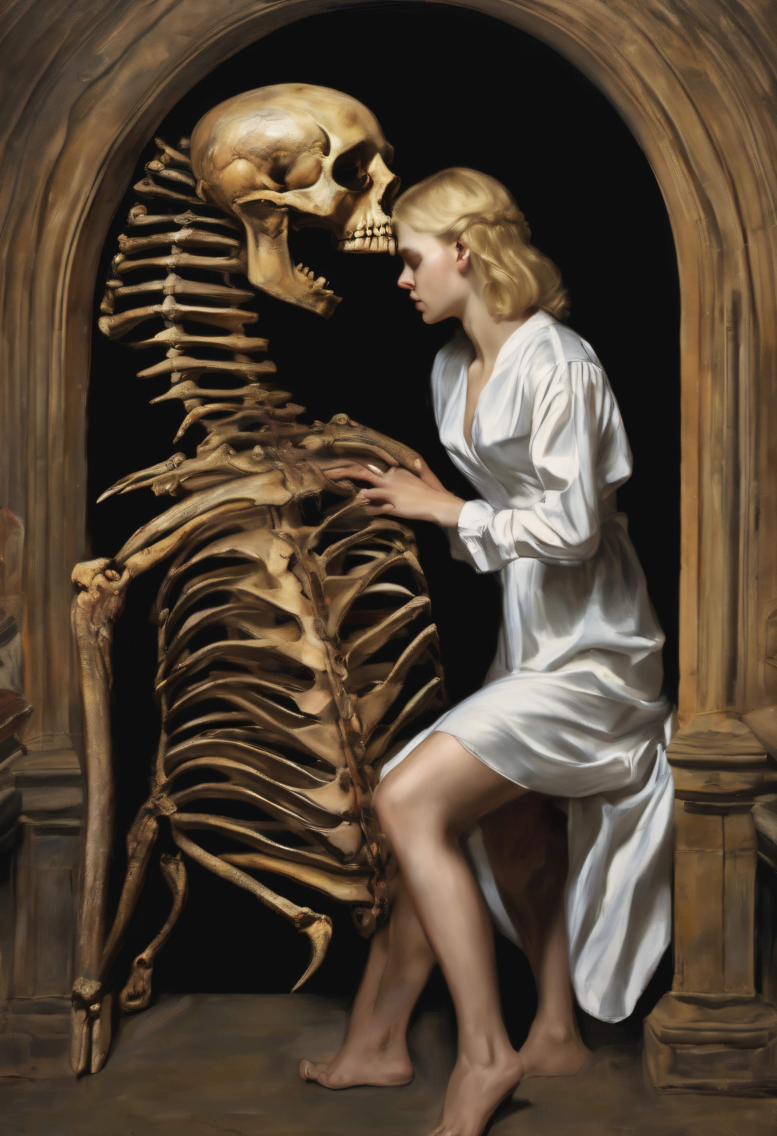 "(The best lighting, alto contraste, oscuro, dramatic),(Chica rubia junto a una cabra negra gigante, Open the rib cage, feto, autopsia, huesos humanos, sangre por las paredes). Luz Caravaggio"