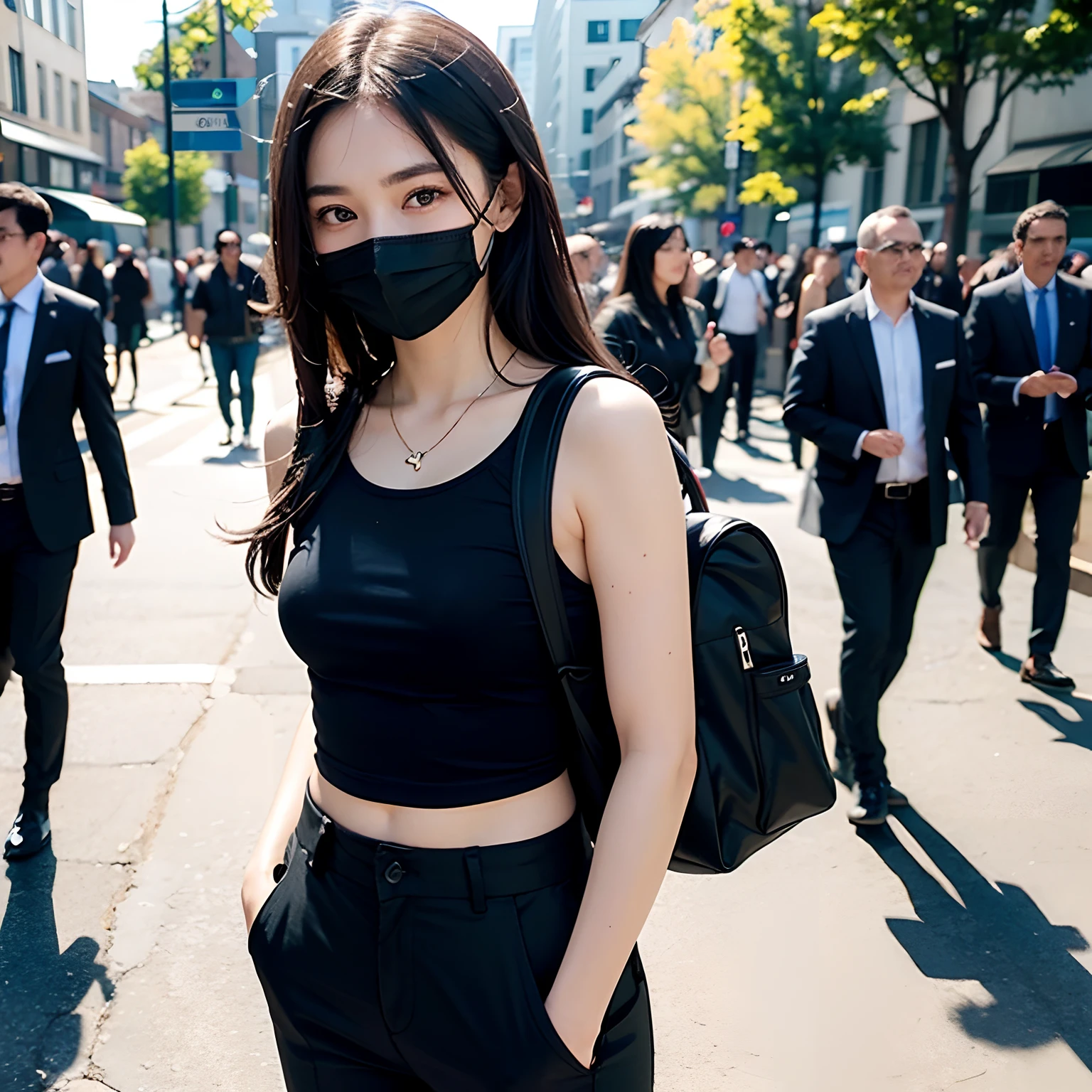 (Highly detailed CG unity 8k wallpaper), (Masterpiece), (Best Quality), (Super Detail), (Best Illustration), (Best Shadow), (Photorealistic: 1.4), (PureErosFace_V1:0.5), Real Human Skin, Lens Flare, Shade, Backlit, Depth of Field, Natural Light, Hard Focus, Film Grain, Viewer's Perspective, 1 Girl, 21 Years Old, Solo, skinny, black t-shirt, black pants, black mask, backpack, necklace, smile, pale skin, soft lips, (light eyebrows:1.4), brown eyes, black long wavy hair, (small breasts), street (crowd:1.2)
