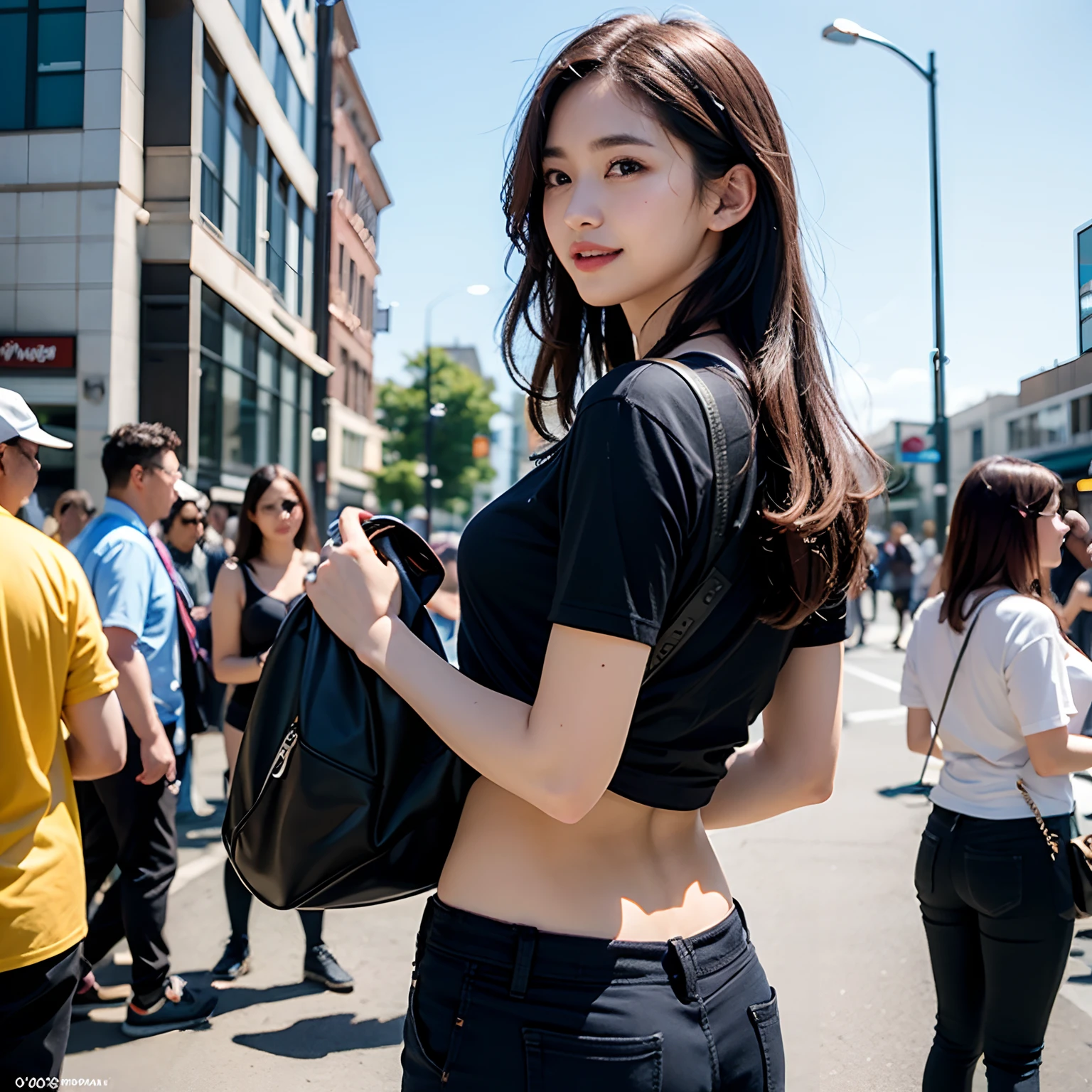 (Highly detailed CG unity 8k wallpaper), (Masterpiece), (Best Quality), (Super Detail), (Best Illustration), (Best Shadow), (Photorealistic: 1.4), (PureErosFace_V1:0.5), Real Human Skin, Lens Flare, Shade, Backlit, Depth of Field, Natural Light, Hard Focus, Film Grain, Viewer's Perspective, 1 Girl, 21 Years Old, Solo, skinny, black t-shirt, black pants, black mask, backpack, necklace, smile, pale skin, soft lips, (light eyebrows:1.4), brown eyes, black long wavy hair, (small breasts), street (crowd:1.2)