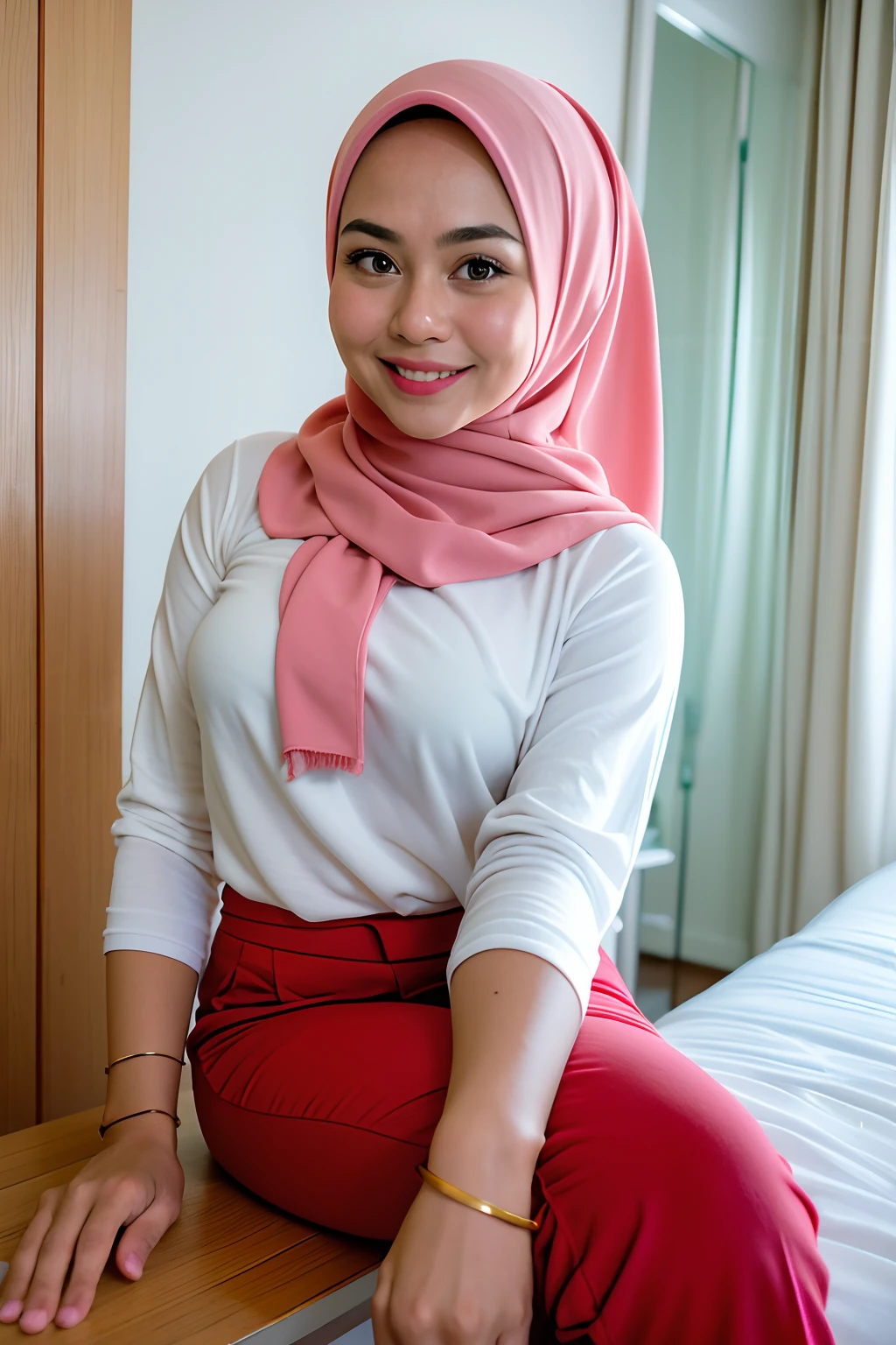 1 malay girl , modern plain white hijab, smile, medium portrait shot , watery  eyes , wear pastel red big oversized tshirt and white high waist pants, white modern hotel bedroom background, bright front light, breast grab pose,