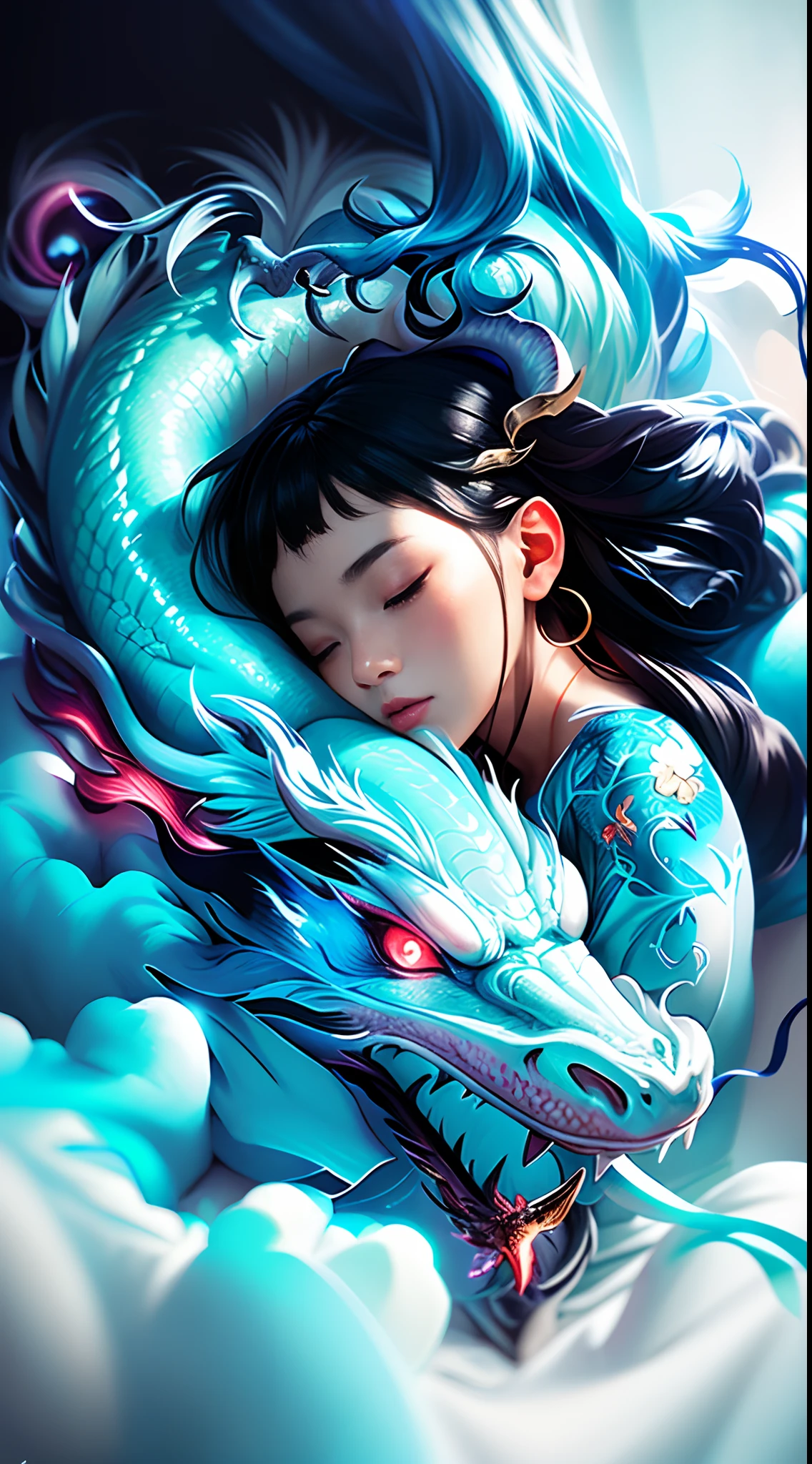 Painting of a sleeping woman with a dragon on her back, the dragon girl portrait, dragon girl, a beautiful artwork illustration, Loish e Ross Tran, Fantasia chinesa, belas fotos avatar, Art not Guweiz style, trending on artstration, estilo de arte de fantasia, por Li Song, por Yang J, Directed by: Zeen Chin, Alice X. Zhang