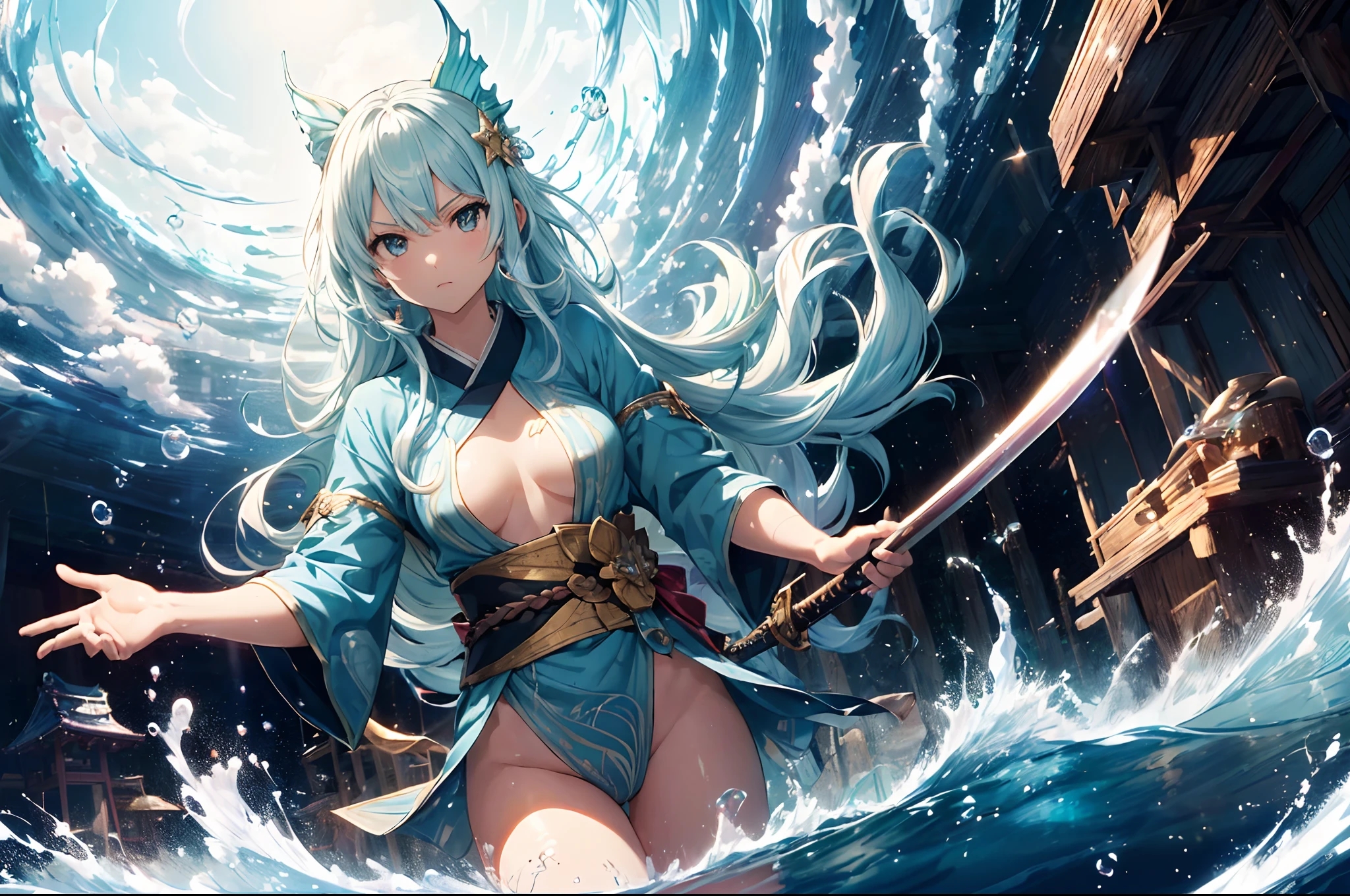 (1 merfolk girl) , swimming in water, (holding Japanese sword), character focus, (cowboy shot ) ,(cinematic angle) , many bubbles,japanease clothing, blue long hair,serious face, cinematic lighting ,high resolution,(incredibly absurdres), (hires.fix:1.3),anime visual,extremely detailed CG unity 8k wallpaper, ((masterpiece)), ((top-quality)), (beautiful illustration), ((an extremely delicate and beautiful))