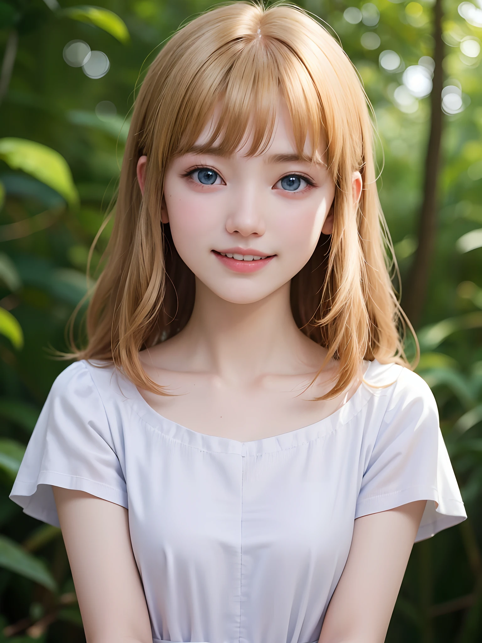 (masuter piece、Best Quality、masutepiece、Cute symmetrical face、Norse man、Beautiful blonde hair with bangs、One very young girl、Very young pretty girl、Very young pretty girl、Very small cute girl、Deities々Shii Girl、Very young face、Symmetrical and very cute face)、Beautiful shiny beautiful blonde hair with bangs、Intense crystal light blue eyes、no earrings、Beautiful white skin、5years old、Very young pretty girl:1.5、Deities々Little pretty girl、Cute white outfit、Very cute girl、happily laughing、Smile happily、The best smile、Beautiful teeth、Beautiful teeth alignment、Beautiful skins、Staring into the distance on the left、Forest with light on beautiful nature background、Deities々Deep forest background、cowboy shot