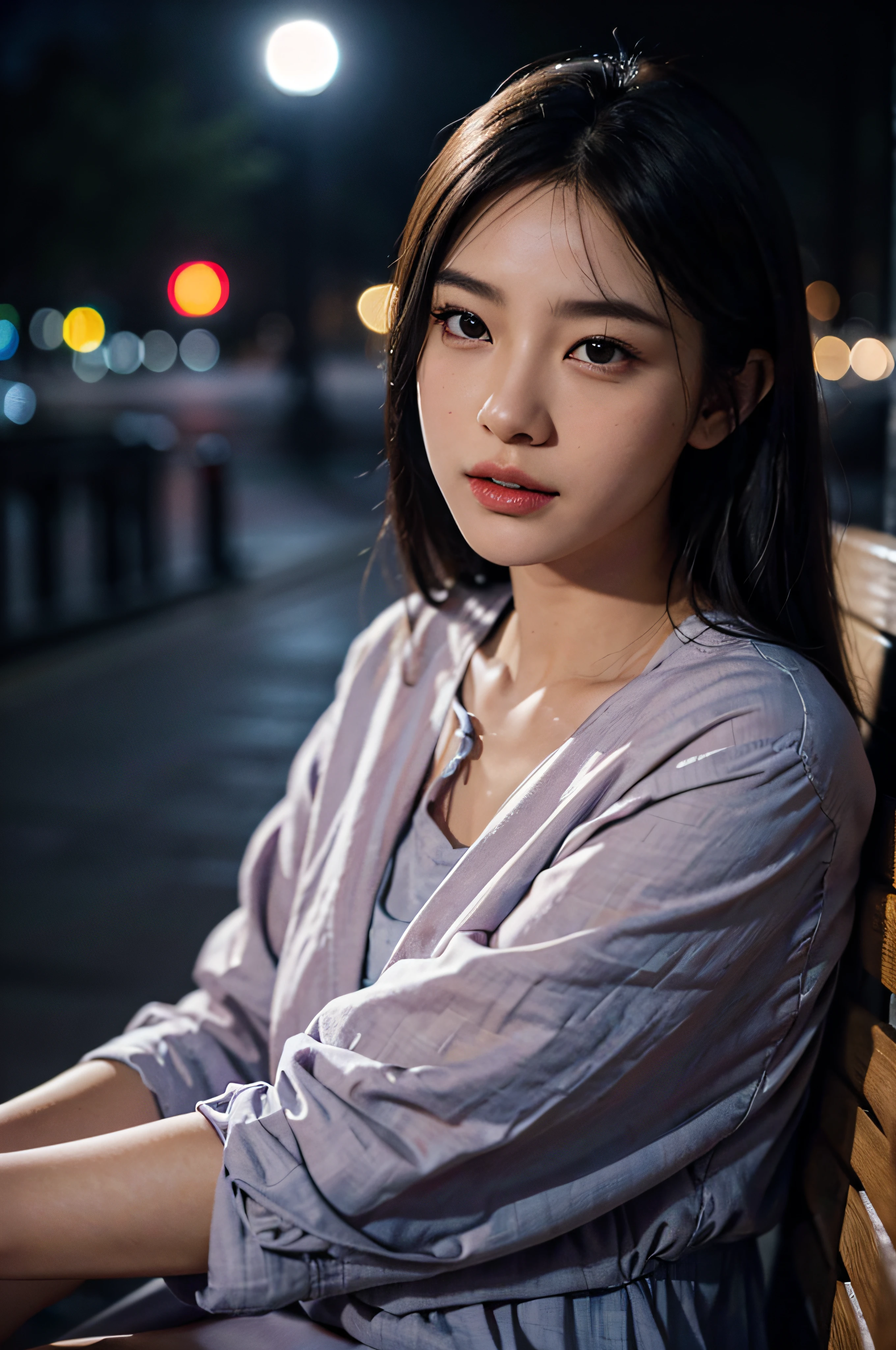 Hanso-hee sitting on a park bench, night lights, City lights, Moonlight, Nighttime 4K, FUJI XT3, 8K, Maximum results, Shot in Kodak, award - winning photo, (A hyper-realistic:1.5), (Best Quality:1.5), Photorealistic, Detailed skin texture, masutepiece, (Photorealistic:1.4), Raw photo, Perfect Shading, Realism, Photography,Detailed face textures, detailed lip texture, Detailed ears, Detail Eye, depth of fields,