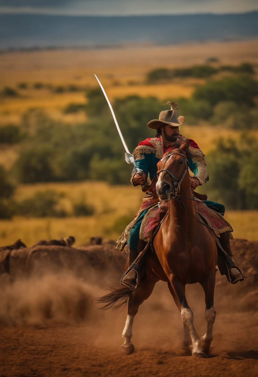 EL GUERRERO ATILA CABALGANDO CON ESPADA EN MANO POR UN CAMPO DE BATALLA
