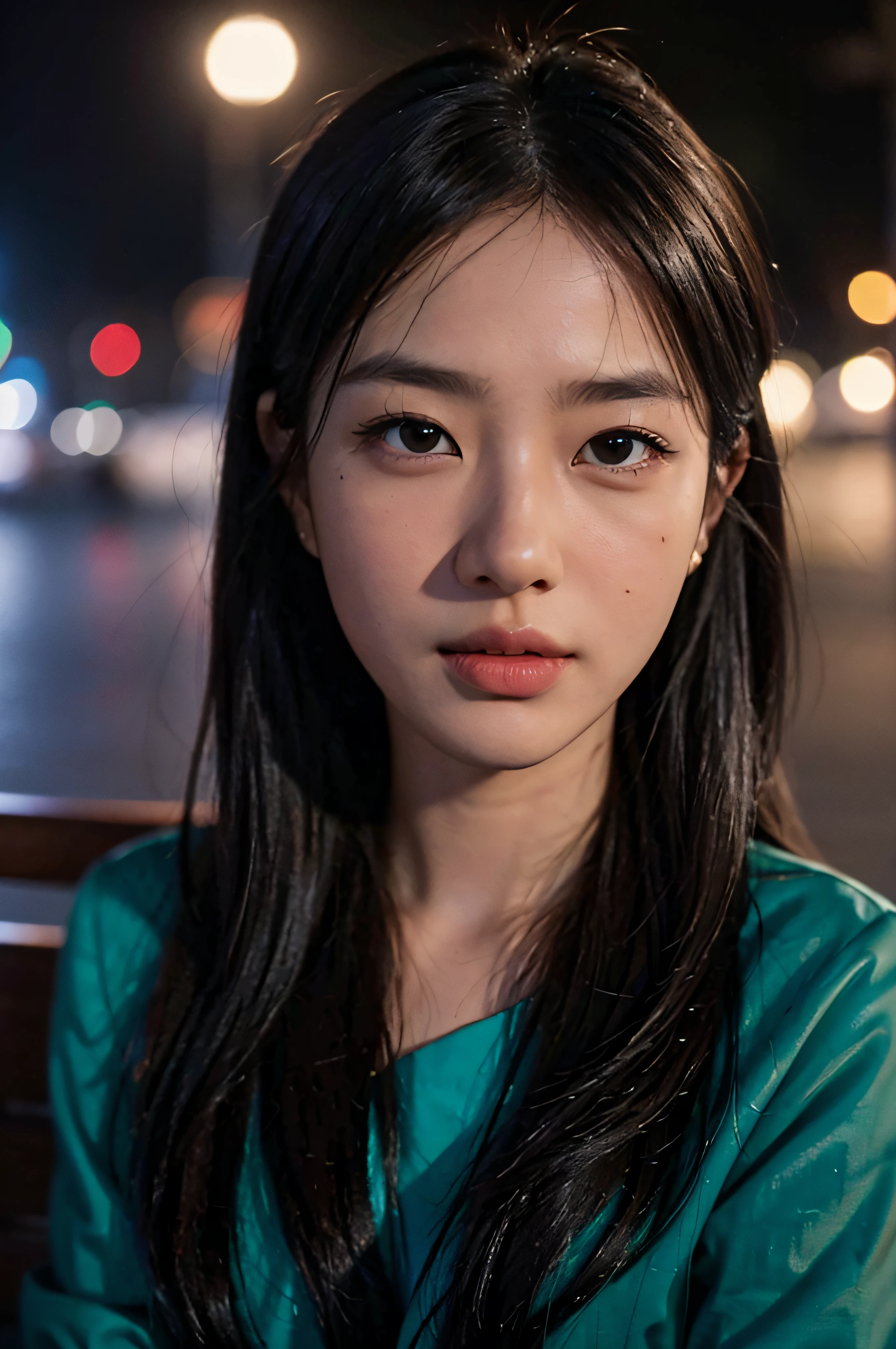 Hanso-hee sitting on a park bench, night lights, City lights, Moonlight, Nighttime 4K, FUJI XT3, 8K, Maximum results, Shot in Kodak, award - winning photo, (A hyper-realistic:1.5), (Best Quality:1.5), Photorealistic, Detailed skin texture, masutepiece, (Photorealistic:1.4), Raw photo, Perfect Shading, Realism, Photography,Detailed face textures, detailed lip texture, Detailed ears, Detail Eye, depth of fields,