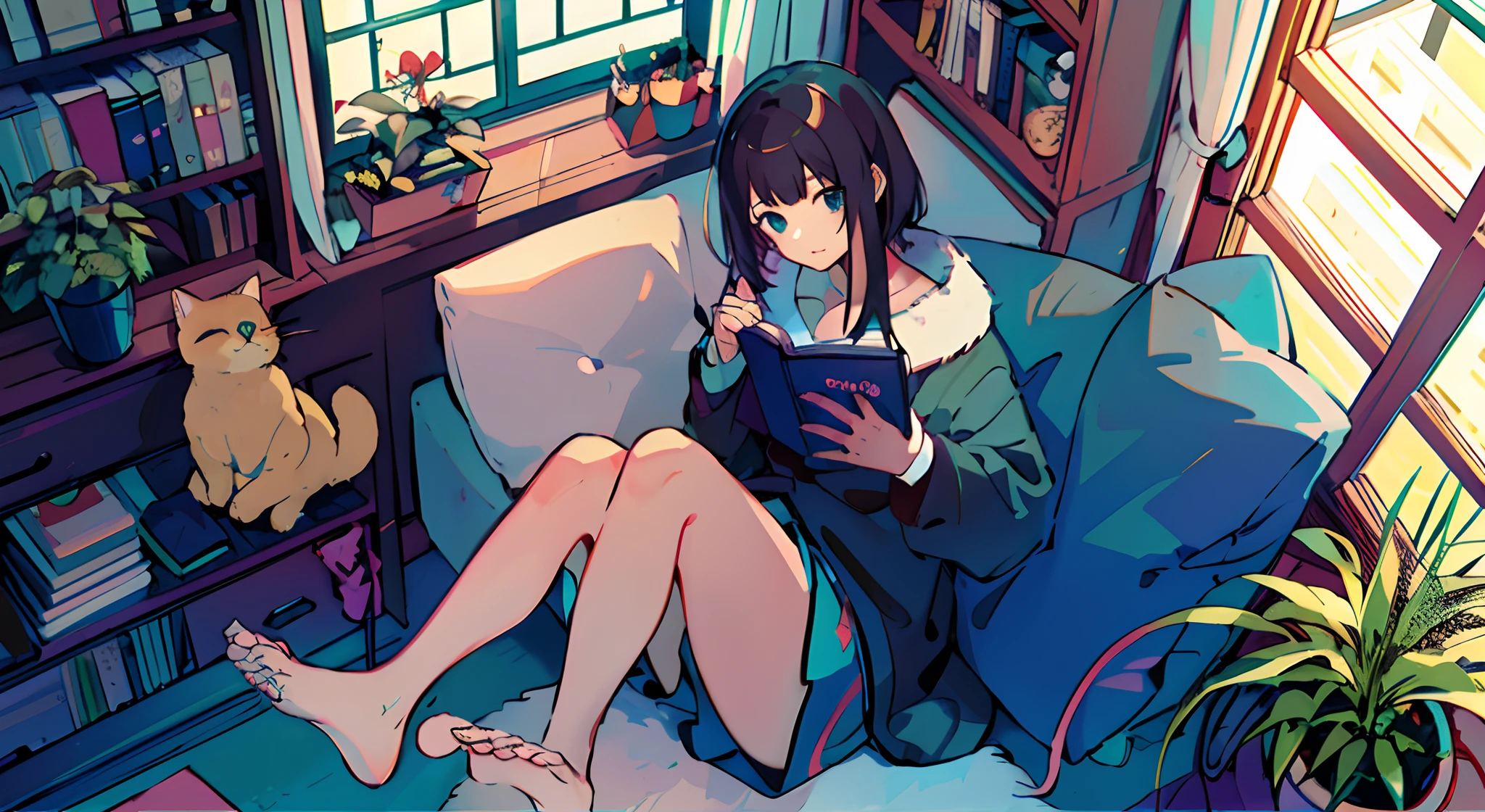 a girls, from above, plant, black hair, cat, lying, indoors, holding, long sleeves, long hair, stuffed toy, potted plant, book, food, window, phone, loaded interior, television, short hair, on back, stuffed animal, bangs, slippers, barefoot, sitting, bookshelf, shelf, cable, computer