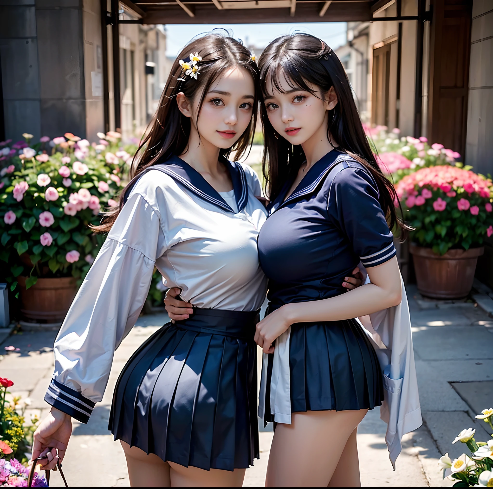 (top-quality)、 (​masterpiece)、(Professional lighting with fewer shadows)、 (A hyper-realistic)、 (perfect anatomia)、 (In front of the camera、There are two women、Forward and backward、Crying Kuroko、That and bangs and forehead), ( Huge breasts:1.4), (Bright and even whitening skin without wrinkles and steps), (Beautiful blue eyes with long eyelashes and red tear bags)、 (Her outfit is a cramped sailor suit、A micro mini pleated skirt that is too short and comes out of the butt is directly on her body:1.5), (Two people are surrounded by flowers, Face the front in front of the camera、Proudly stick out your chest:1.5), (Another person on the other side、with arcuate waist, Turn your back and expose your proud big ass:1.4), (One hand behind the head, A beautiful face is a beautiful smile with lowered eyebrows:1.3),