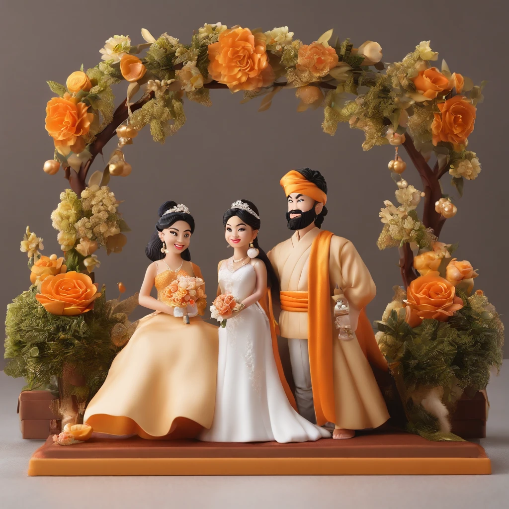Design a family image template based on the wedding scene of Goku and Chi-Chi from 'Dragon Ball.' Recreate the joyful atmosphere of their wedding ceremony, with Goku and Chi-Chi dressed in their wedding attire. Include other family members as wedding guests, each in their own unique outfits. Set the scene in a picturesque location, such as the lookout or a tranquil forest. This template should capture the essence of love, family, and celebration.