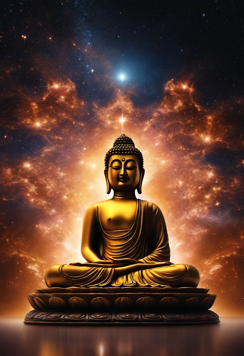 Buddha Lord in the universe,The complexion is gentle and peaceful。Shining with holy light。The background is the universe