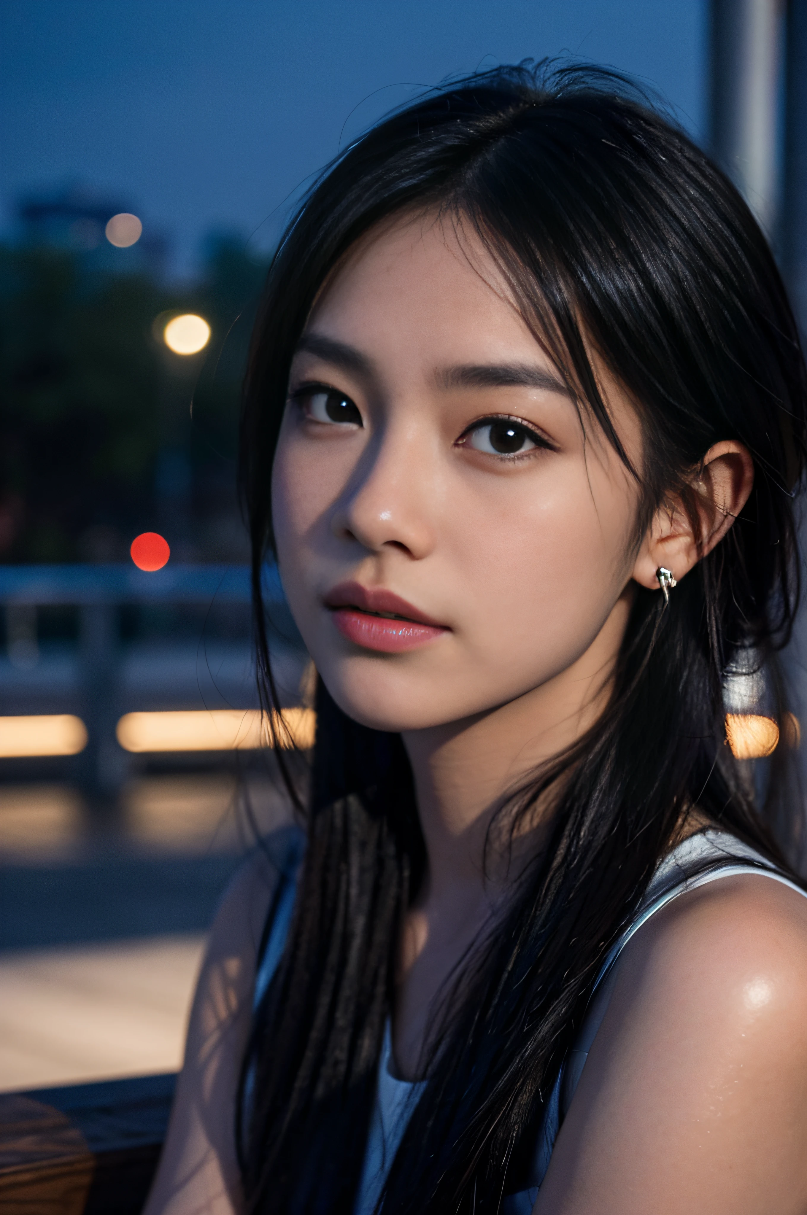Hanso-hee sitting on a park bench, night lights, City lights, Moonlight, Nighttime 4K, FUJI XT3, 8K, Maximum results, Shot in Kodak, award - winning photo, (A hyper-realistic:1.5), (Best Quality:1.5), Photorealistic, Detailed skin texture, masutepiece, (Photorealistic:1.4), Raw photo, Perfect Shading, Realism, Photography,Detailed face textures, detailed lip texture, Detailed ears, Detail Eye, depth of fields,