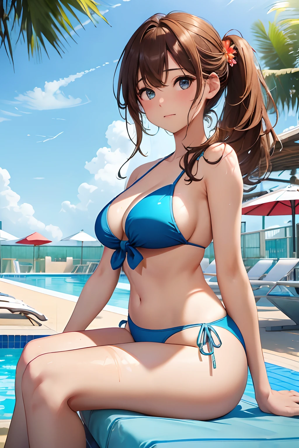 top-quality、masterpiece、(1 adult female:1.3)、(Soft bust:1.2)、Natural Big、Chest thrusting pose、A slender、(Simple light blue bikini swimsuit with high transparency)、(thighs thighs thighs thighs:0.8)、Brown hair、(Hair is tied back)、(Hair fluttering in the wind)、(Highlights in the eyes)、(Look at viewers:1.2)、de pele branca、embarassed expression、(Blue summer sky:1.3)、1 contrail、(Avoid the background around the upper body:1.3)、(Blur the background to make the person stand out:1.3)、(Beautiful background by the pool on the beach:1.3)、(Beautiful summer flowers)、diffuse sunlight