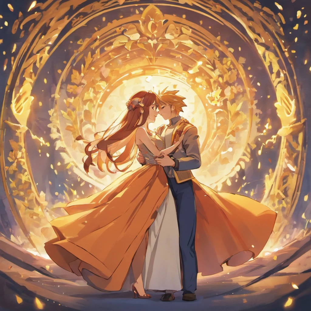 Design a family image template based on the wedding scene of Goku and Chi-Chi from 'Dragon Ball.' Recreate the joyful atmosphere of their wedding ceremony, with Goku and Chi-Chi dressed in their wedding attire. Include other family members as wedding guests, each in their own unique outfits. Set the scene in a picturesque location, such as the lookout or a tranquil forest. This template should capture the essence of love, family, and celebration.
