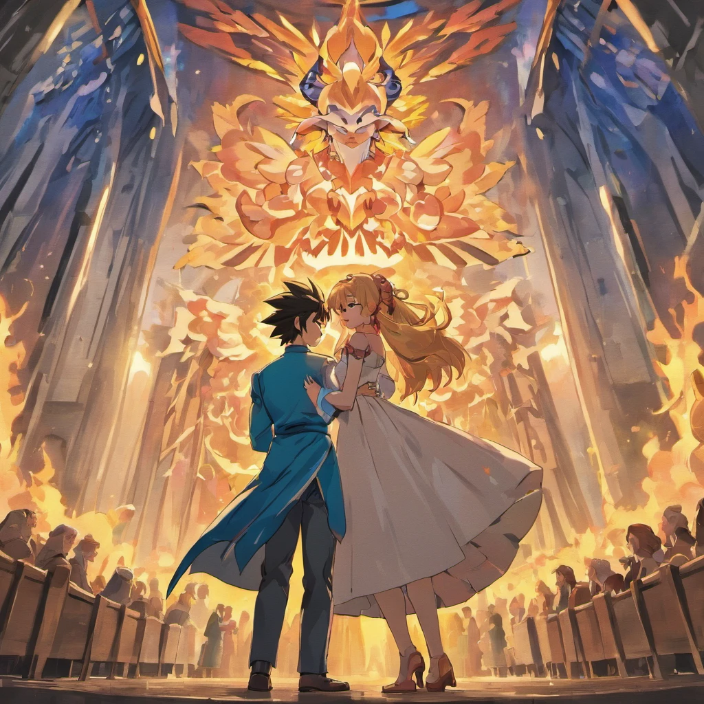 Design a family image template based on the wedding scene of Goku and Chi-Chi from 'Dragon Ball.' Recreate the joyful atmosphere of their wedding ceremony, with Goku and Chi-Chi dressed in their wedding attire. Include other family members as wedding guests, each in their own unique outfits. Set the scene in a picturesque location, such as the lookout or a tranquil forest. This template should capture the essence of love, family, and celebration.