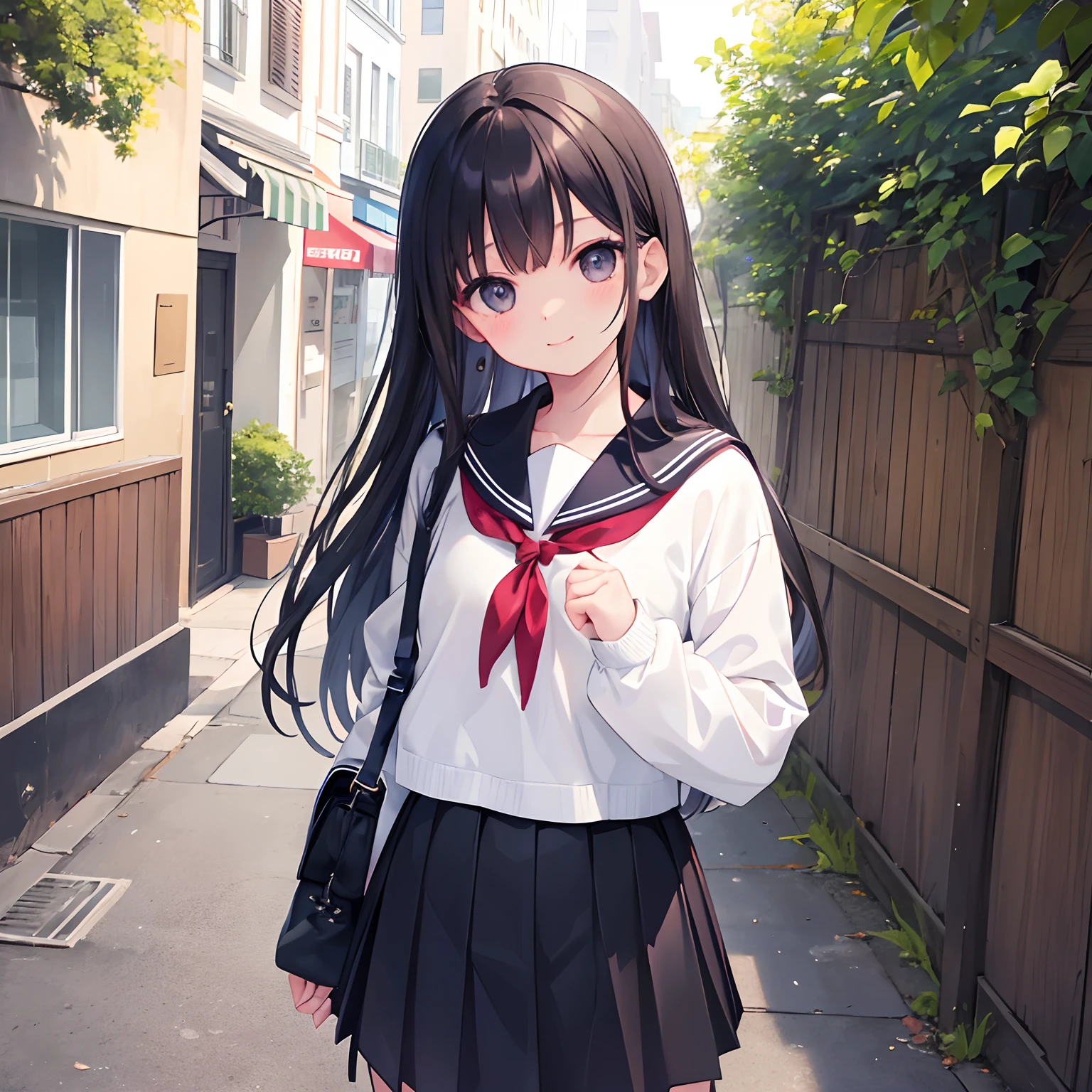 Upper body image、girl with、1 persons、Dark hair、The long-haired、Black eyes、stroll、a sailor suit、校服、Wagas、verdant、Cardigan、stroll、ami、A smile、laught、Daytime、Shoulder bag、a miniskirt、Leather shoes、sockes、Upper body image