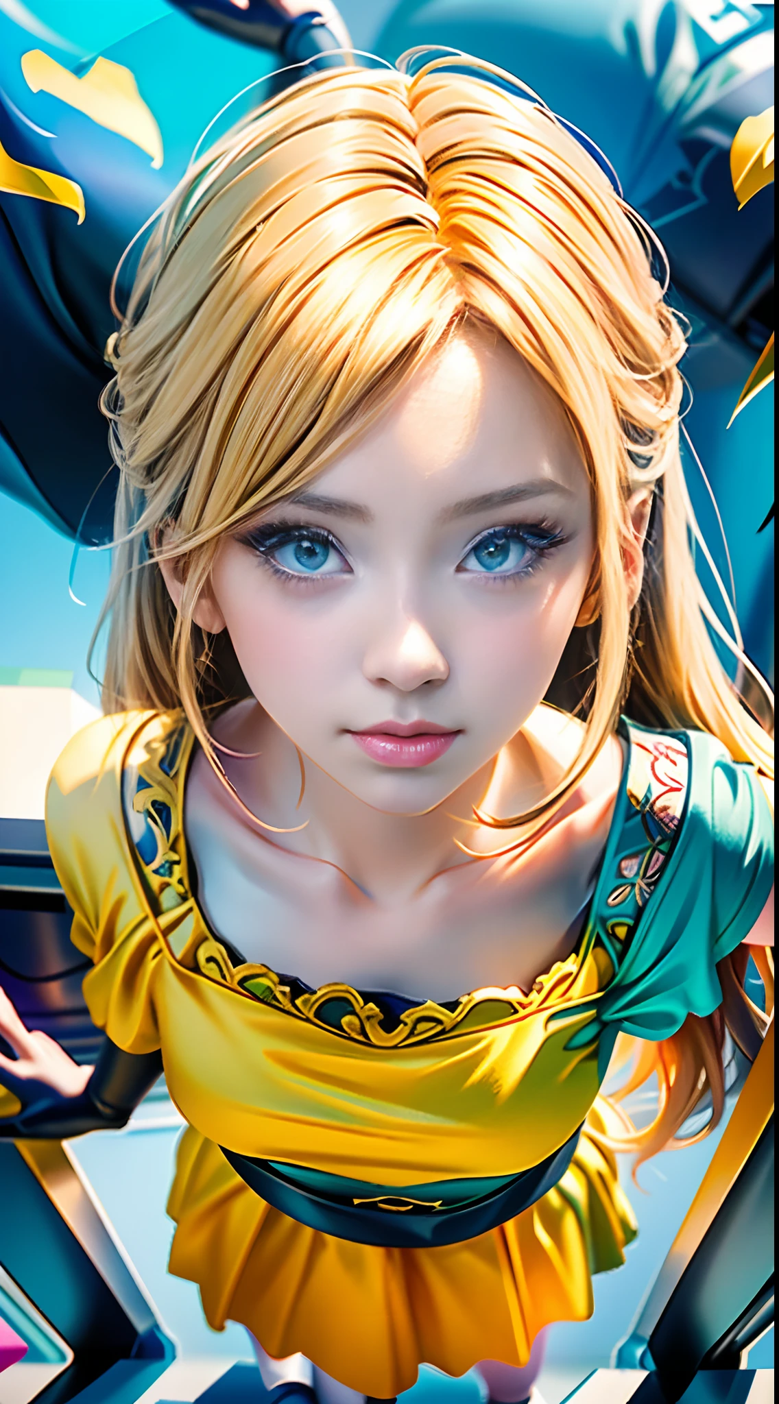 Blonde haired girl with blue eyes posing on a handrail, retrato impressionante do rosto do anime, retrato bonito do anime, arte de anime digital detalhada, Estilo de anime 3D realista, retrato detalhado da menina do anime, Arte de anime realista, realistic anime art style, Art not Guweiz style, Estilo Realismo Anime, menina anime jovem realista, cara bonita do anime, menina anime bonita