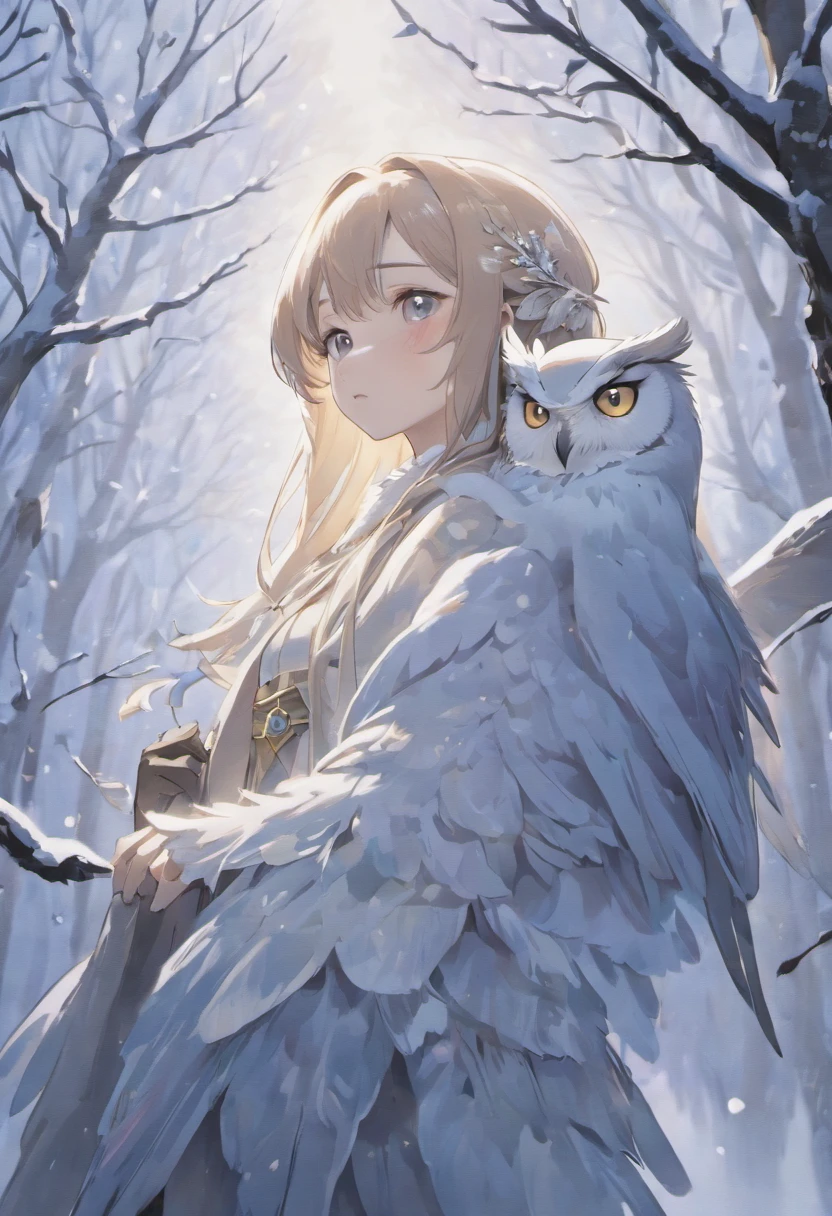 (Best Quality,4K,8K,hight resolution,masutepiece:1.2),Ultra-detailed,(Realistic,Photorealistic,Photorealsitic:1.37),White owl perching on a tree,Beautiful detailed eyes,Beautiful detailed plumage,Sleek and elegant appearance,Majestic snow-covered tree branches,Sharp Focus,Blue-white color palette,Soft natural lighting,Impressive contrast between owls and surroundings,Subtle details of the owl's beak and claws,feathery texture,Quiet winter atmosphere,Snowflake hint on foggy background,Frosty breath escaping from the beak of a white owl,Quiet silence and calm of the scene,Ethereal and magical atmosphere,Sensation of subtle movements in the posture of an owl,Impeccable execution of owl feathers,Textured bark,Subtle shadows and highlights of owl feathers,Signs of moonlight peeking through the branches,Peaceful and serene atmosphere