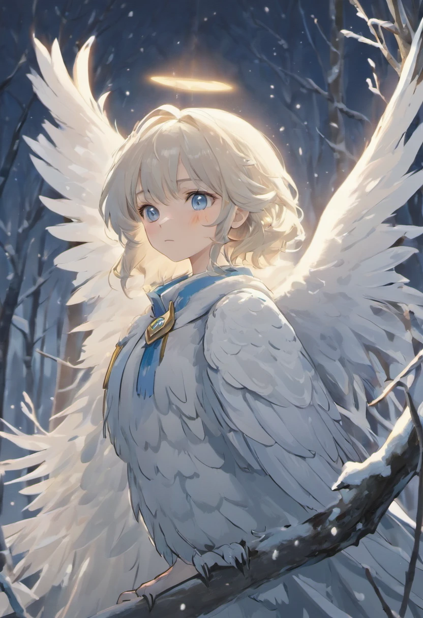 (Best Quality,4K,8K,hight resolution,masutepiece:1.2),Ultra-detailed,(Realistic,Photorealistic,Photorealsitic:1.37),White owl perching on a tree,Beautiful detailed eyes,Beautiful detailed plumage,Sleek and elegant appearance,Majestic snow-covered tree branches,Sharp Focus,Blue-white color palette,Soft natural lighting,Impressive contrast between owls and surroundings,Subtle details of the owl's beak and claws,feathery texture,Quiet winter atmosphere,Snowflake hint on foggy background,Frosty breath escaping from the beak of a white owl,Quiet silence and calm of the scene,Ethereal and magical atmosphere,Sensation of subtle movements in the posture of an owl,Impeccable execution of owl feathers,Textured bark,Subtle shadows and highlights of owl feathers,Signs of moonlight peeking through the branches,Peaceful and serene atmosphere