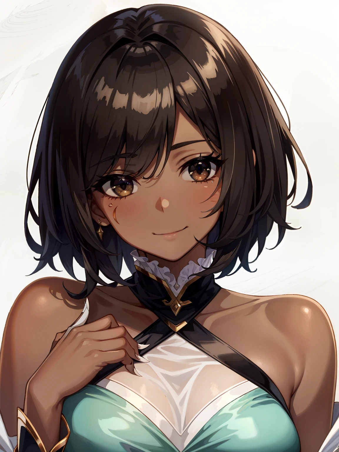 Masterpiece, best quality, high-res, extremely detailed, 1 girl, (dark brown skin tone:1.2), black eyes, princess, short bob, (claw scar on eye), pain behind smile, sleepy eyes