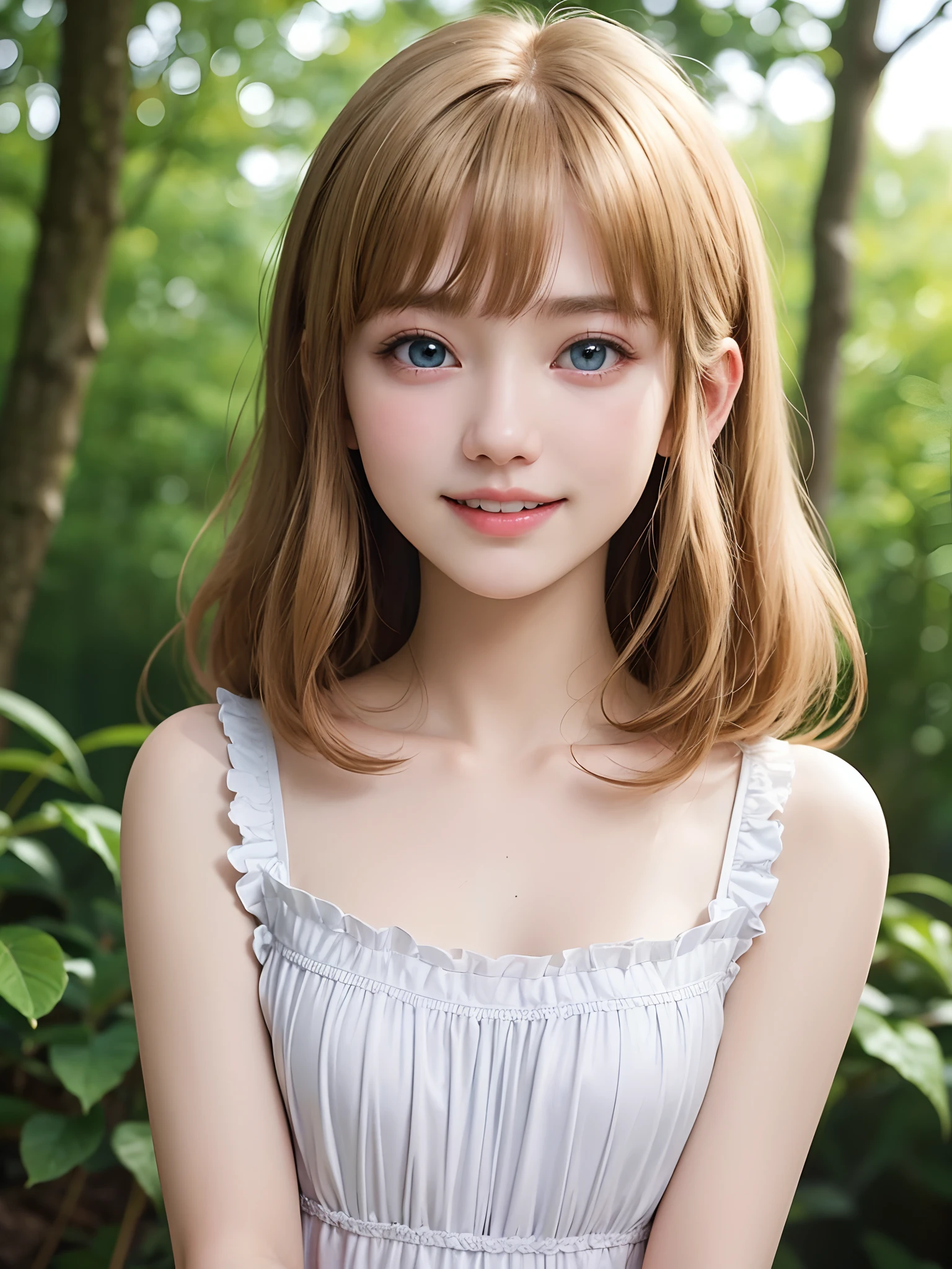 (masuter piece、Best Quality、masutepiece、Cute symmetrical face、Norse man、Beautiful blonde hair with bangs、Very small pretty girl、One Very Young Girl、Very young pretty girl、Very young pretty girl、Very small cute girl、Deities々Shii Girl、Very young face、Symmetrical and very cute face)、Beautiful shiny beautiful blonde hair with bangs、Intense crystal light blue eyes、No earrings:1.5、Beautiful white skin、5years old、Very young pretty girl:1.5、Deities々Little pretty girl、Cute white outfit、Very cute girl、happily laughing、Smile happily、The best smile、Beautiful teeth、Beautiful teeth alignment、Beautiful skins、Staring into the distance on the left、Forest with light on beautiful nature background、Deities々Deep forest background、cowboy shot