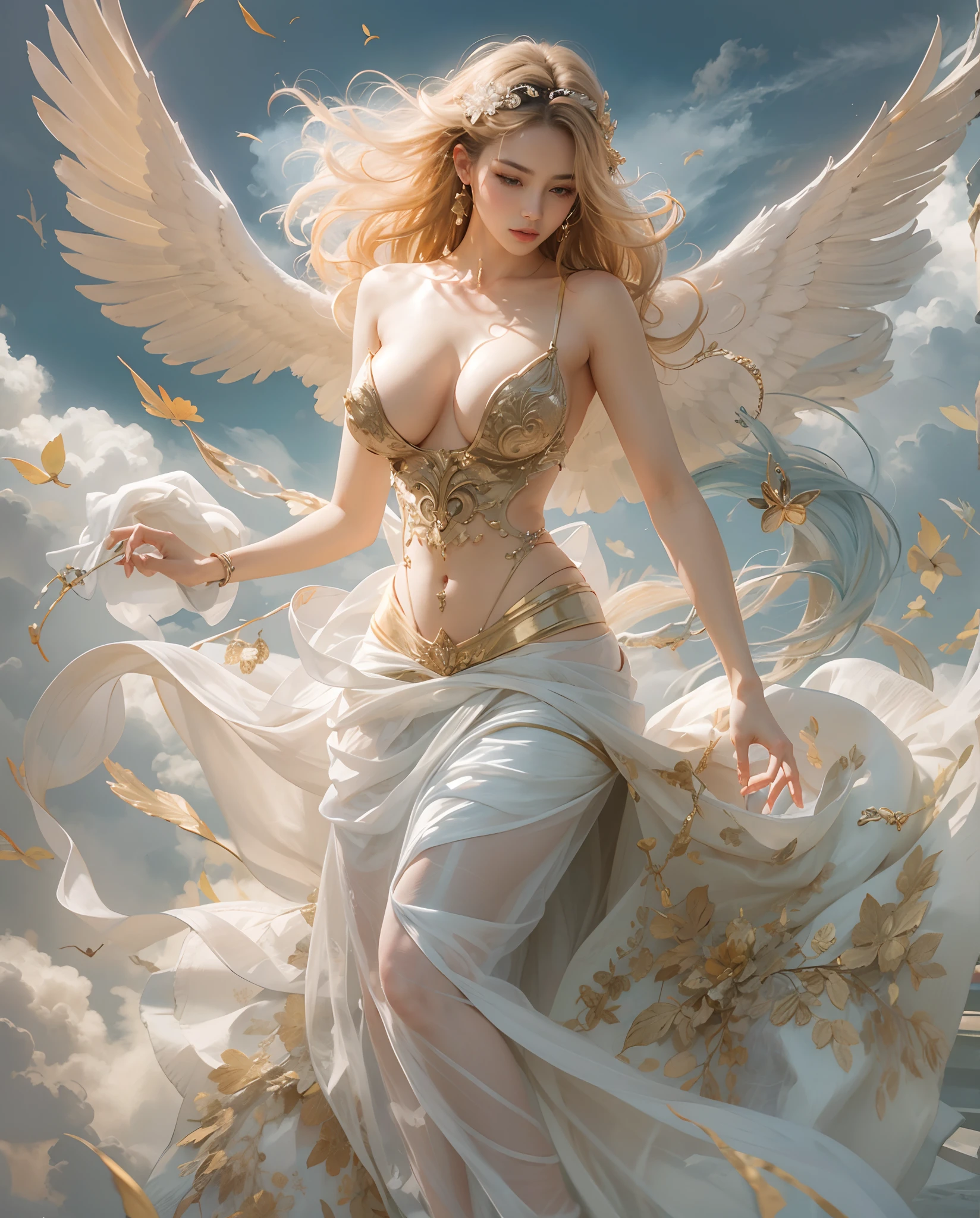 Best quality, masterpiece, meticulous detail, realistic, a hot big breast woman wearing bikin in heavenly environment, full body, sexy, sensual
