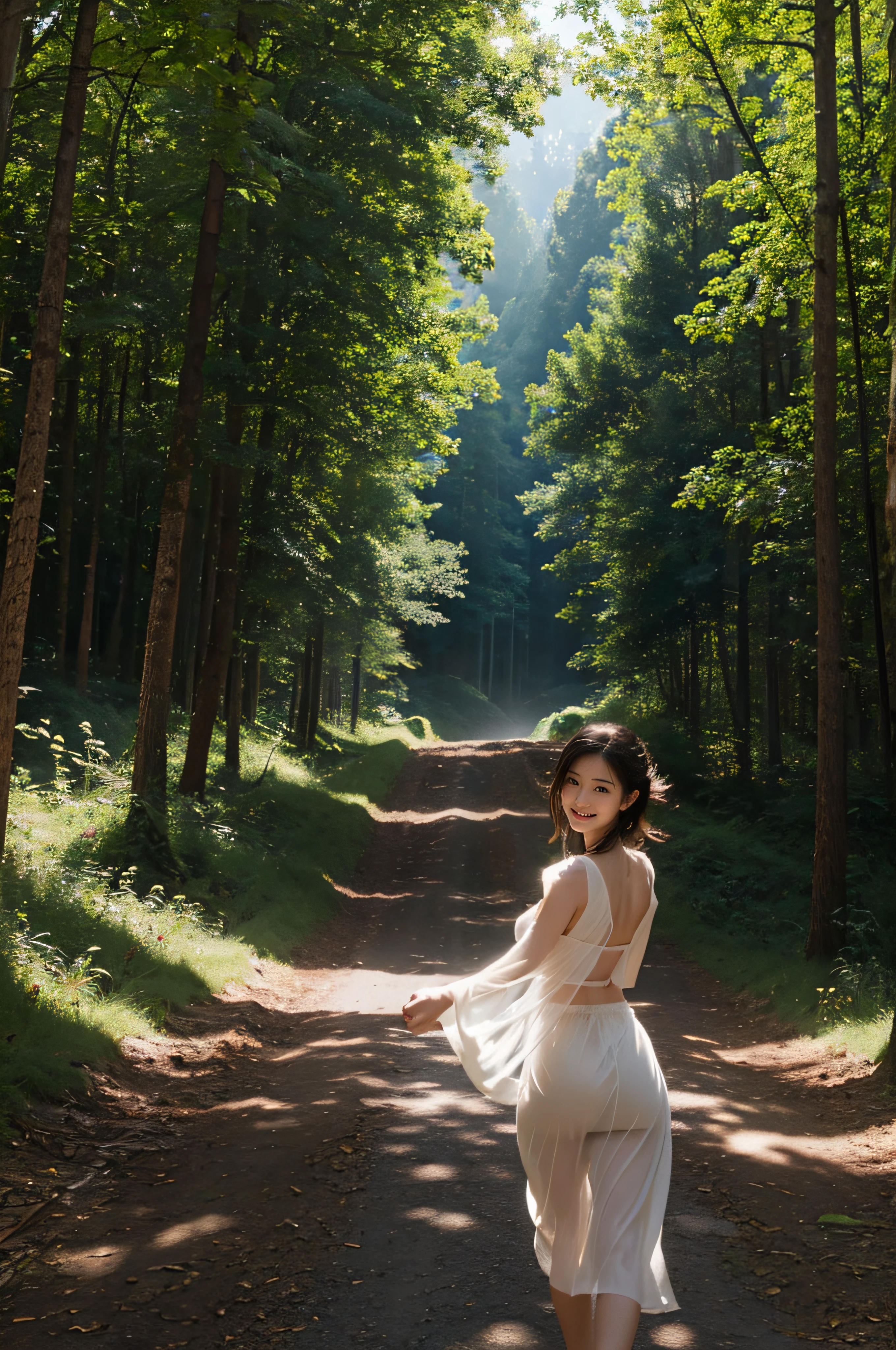 High resolution, (Official art, Beautiful and aesthetic: 1.2), Close View, Vast world, girl, Running, Refreshing smile, Transparent Long Skirt, Distant horizon, forest, natural beauty, inspiration, light effect、(NSFW: 1.2)