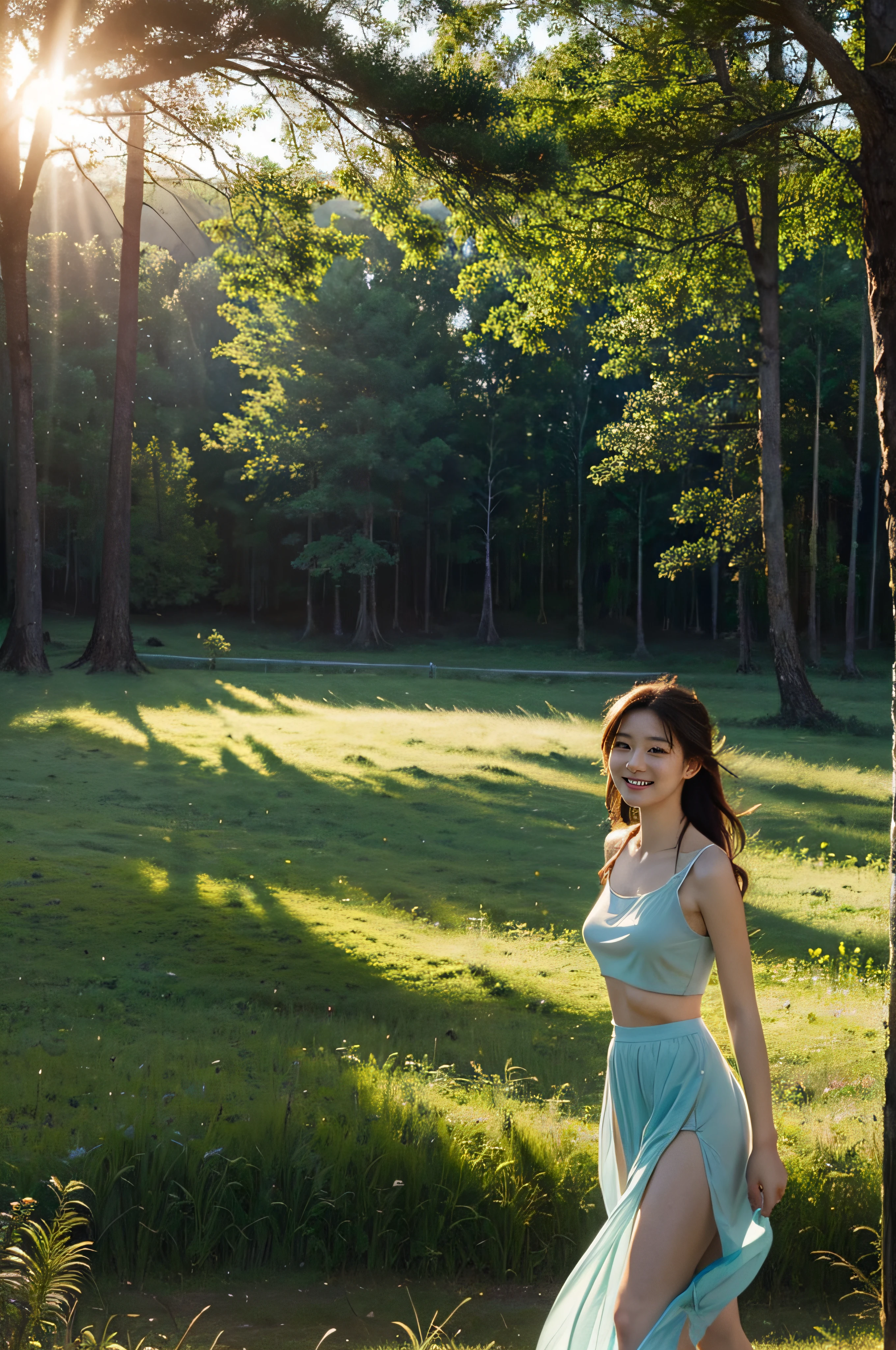 High resolution, (Official art, Beautiful and aesthetic: 1.2), Close View, Vast world, girl, Running, Refreshing smile, Transparent Long Skirt, Distant horizon, forest, natural beauty, inspiration, light effect、(NSFW: 1.2)